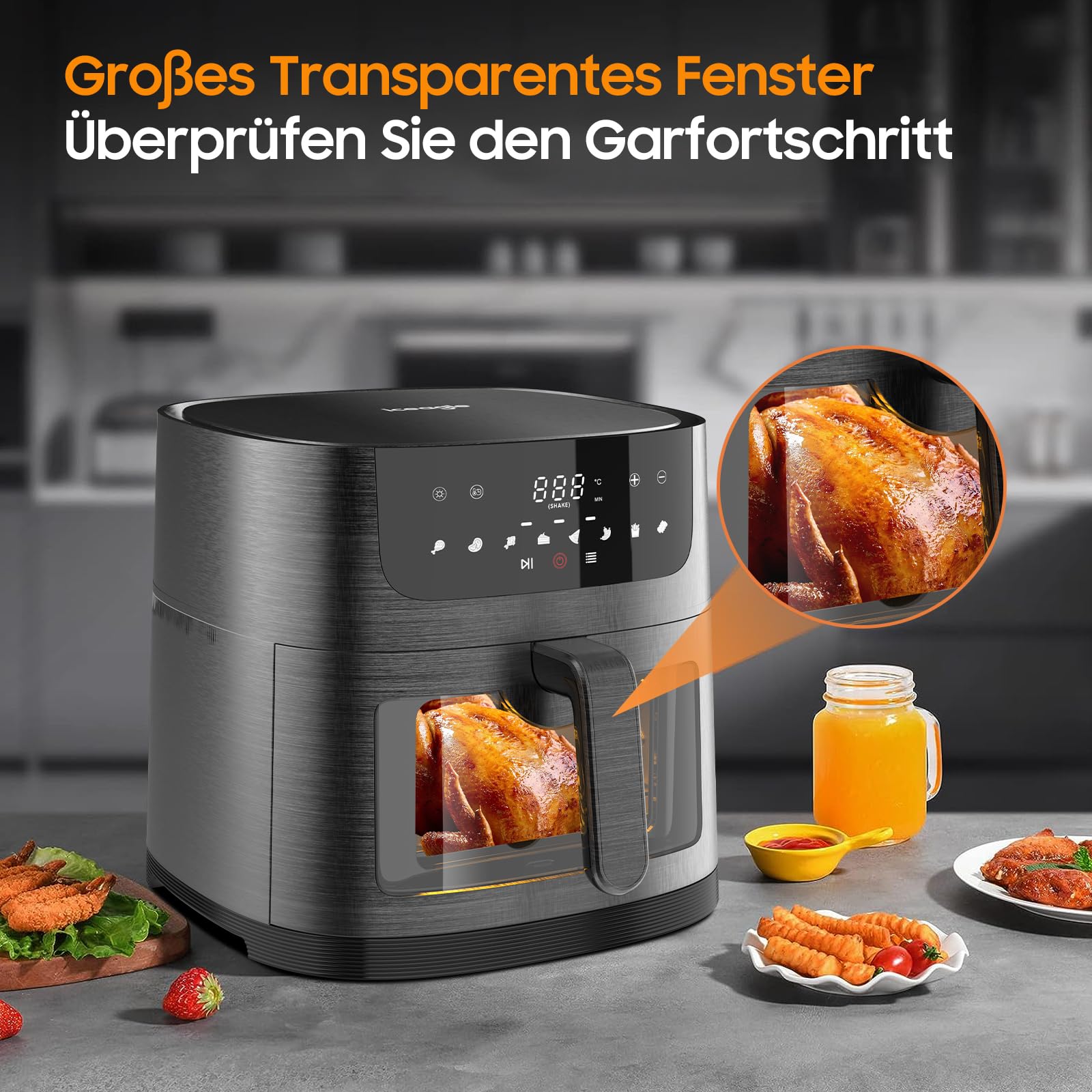 XXL Heißluftfritteuse 9L - 1800W Airfryer mit Sichtfenster | Friteuse ohne Öl, 8 Programme, Digitale LED-Touchscreen, Rezeptbuch, Gesundes Kochen