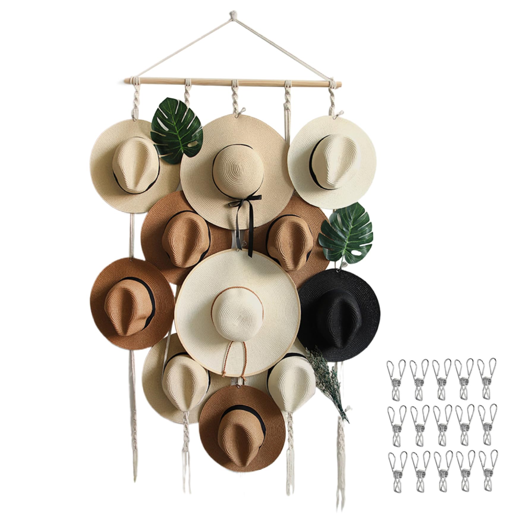 Hbbgdiy Macrame Hat Hanger for Wall with 12 Clips Hat Organizer Display Rack Farmhouse Style Holder for Cowboy Hats, Bedroom, Entryway and Closet Storage