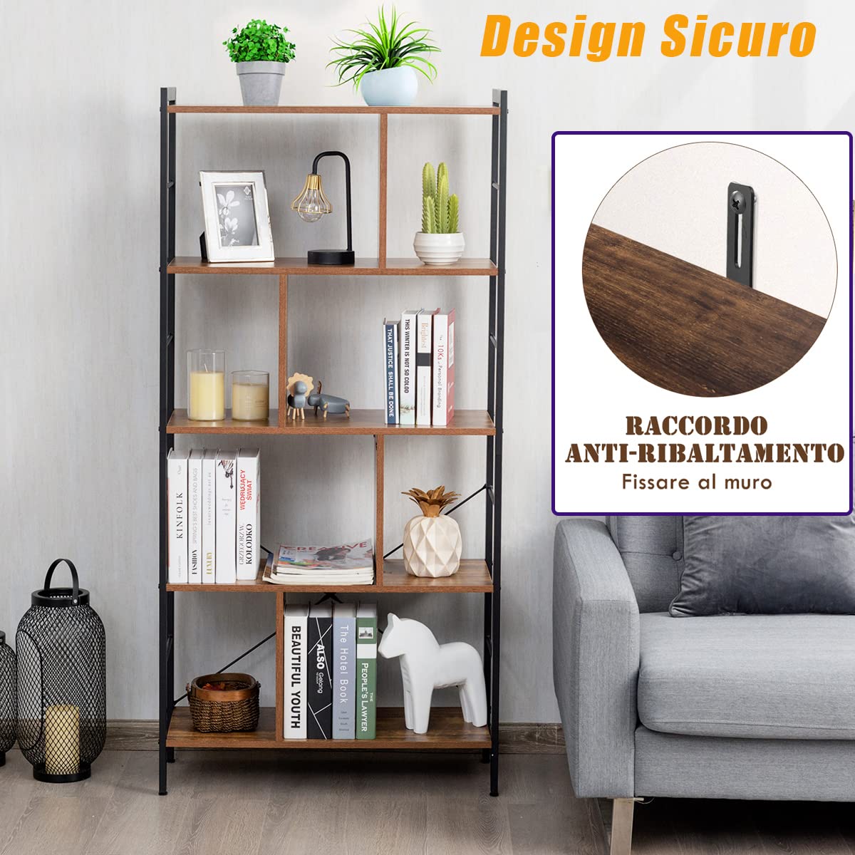 RELAX4LIFE Scaffale A 5 Ripiani, Libreria Anti Ribaltamento Con Piedini Di Livellamento Mensola Moderna Multifunzionale Per Camerasoggiornostudioufficio 74x30x155 Cm Marrone 55546719