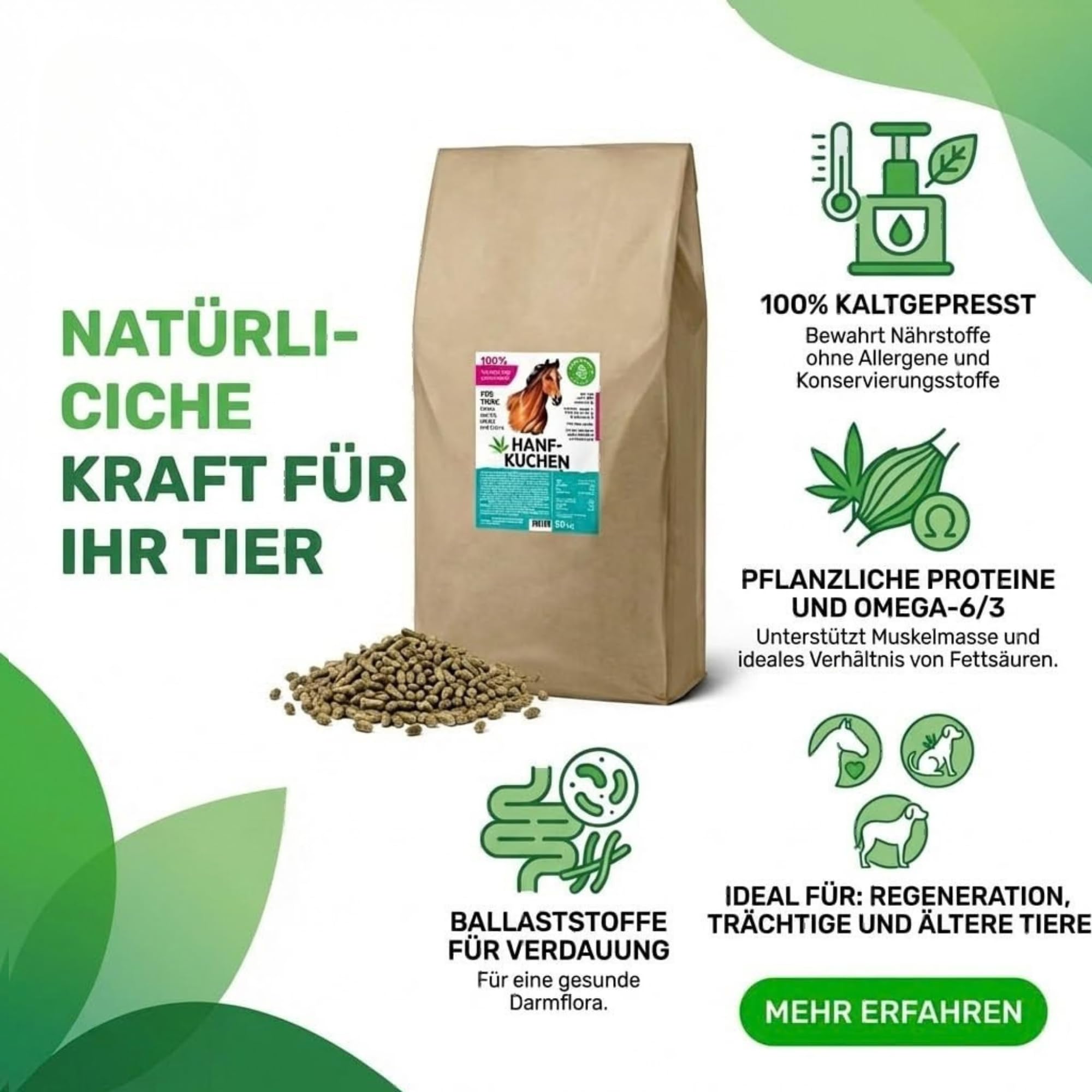 Hanfkuchen für Tiere, 20 kg kaltgepresste Hanfpellets | 100 % kaltgepresster Trester, Ergänzungsfuttermittel für Tiere.