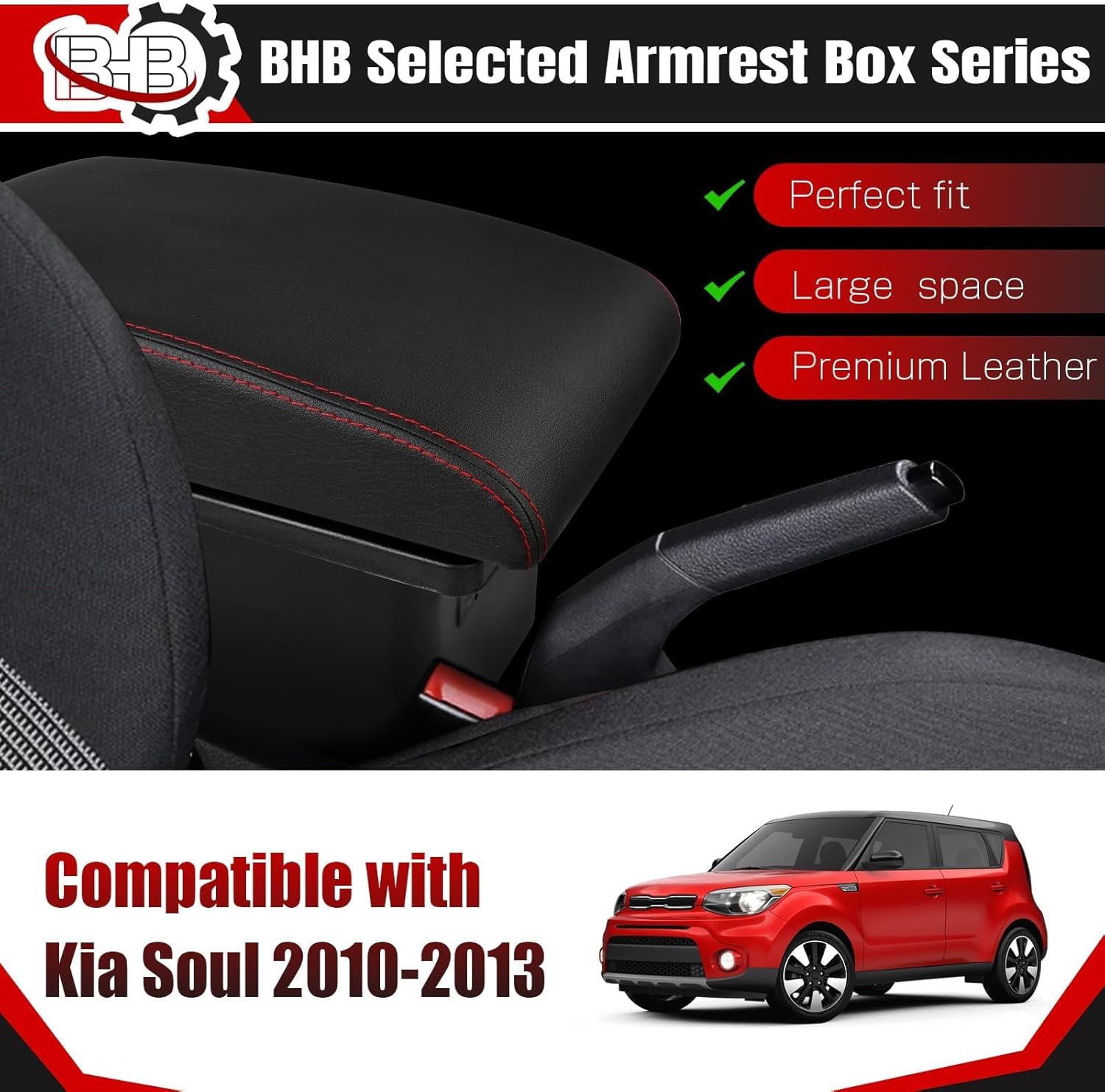 BHB Consoles Armrest Box Compatible with Kia Soul 2010-2013 Center Console Box Storage Armrest Box USB Charge Black with Red Stitching