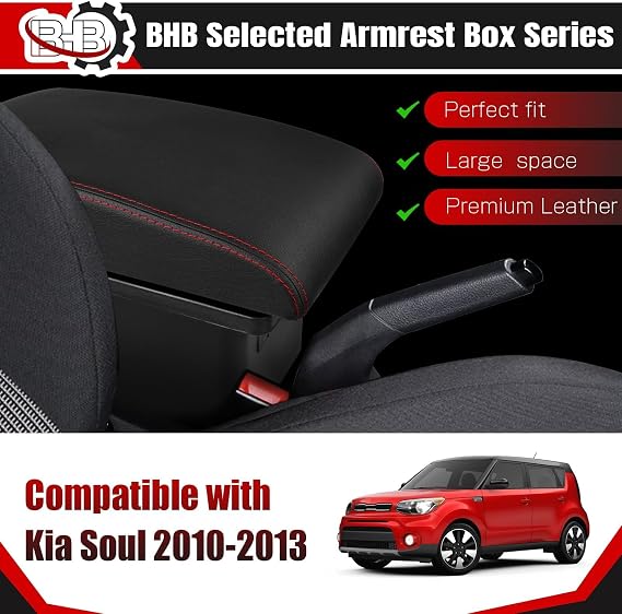 BHB Consoles Armrest Box Compatible with Kia Soul 2010-2013 Center Console Box Storage Armrest Box USB Charge Black with Red Stitching