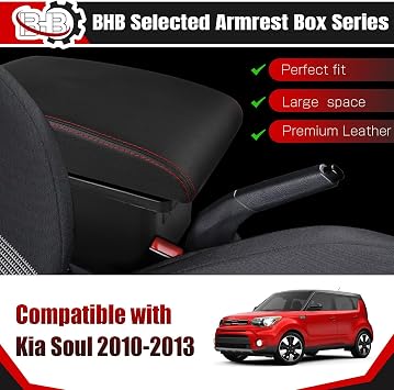 BHB Consoles Armrest Box Compatible with Kia Soul 2010-2013 Center Console Box Storage Armrest Box USB Charge Black with Red Stitching