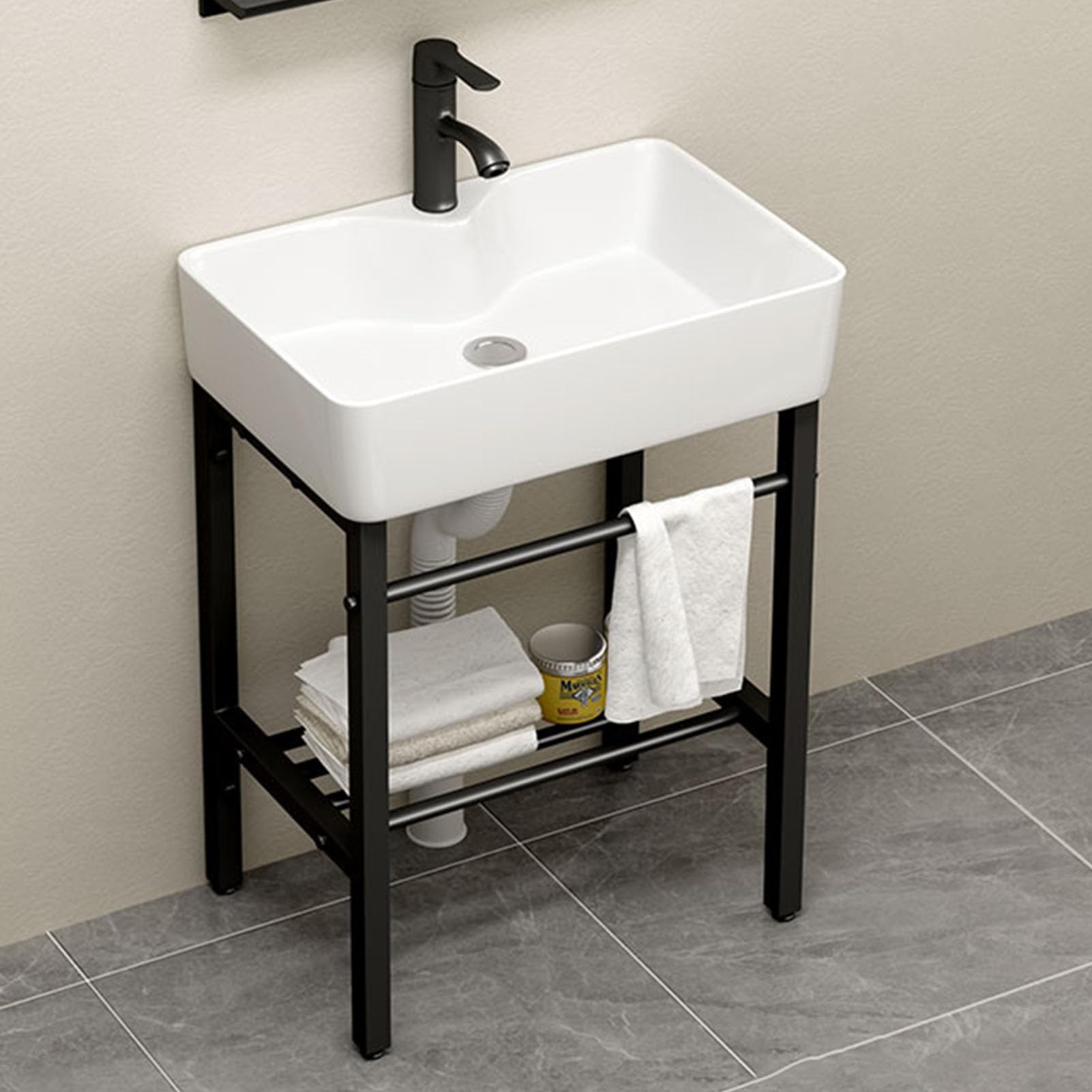 Lavabo Pequeño de Cerámica Rectangular de Pie para Baño，Lavabo para Uso En Interiores Y Exteriores con Grifo Y Desagüe，Lavabo Moderno Art con Rebosadero，para Comedor