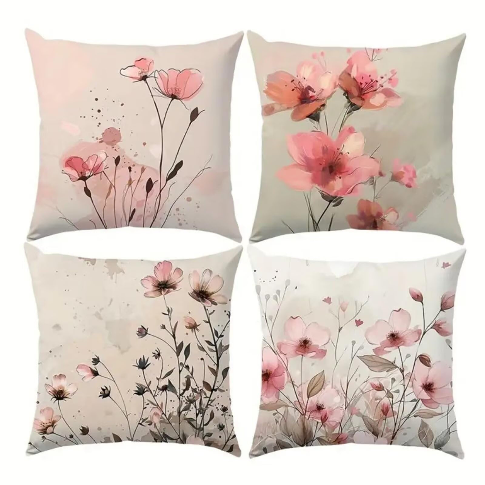 QiHon Set of 4 Decorative Linen Cushion Covers 60x60 cm, Modern Pink Wildflowers Square Throw Pillow Cases with Invisible Zipper, Breathable Pillowcases for Sofa Couch Living Room Bedroom Garden