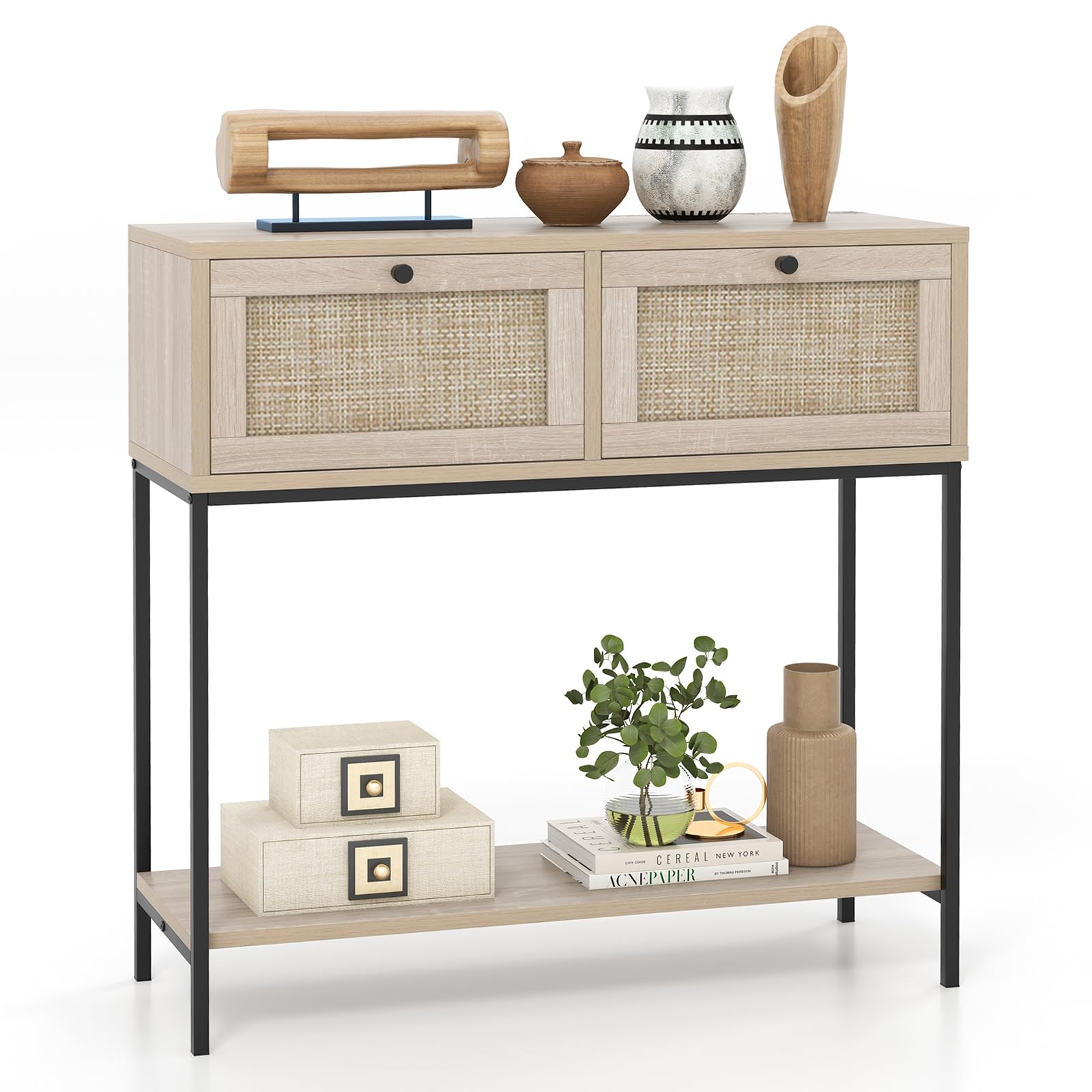 Giantex Console Table with Rattan Drawers - 31.5