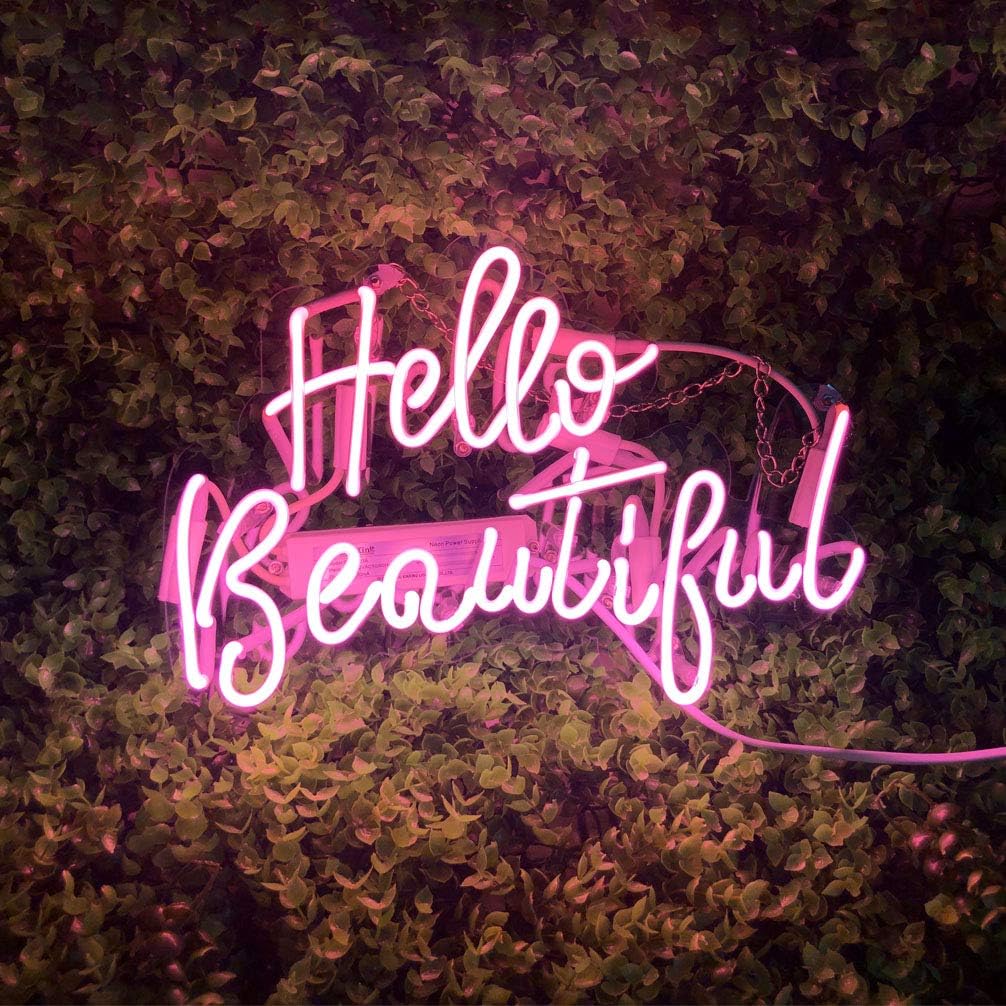 Mugua™ ''Hello beautiful ' Real Glass Handmade Beer Neon Sign 14" x 9.5" for Bar Bedroom Garage Game Room