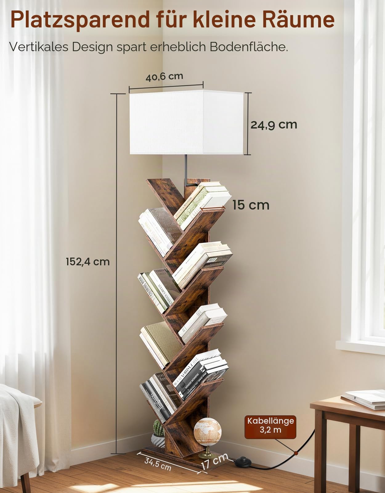 Baum Bücherregal mit Licht, 9 Ebenen Eckregal，Fernbedienung & Timer, Schmales Standregal aus Holz, Kleines Regal für Bücher, CDs & DVDs, für Wohnzimmer, Kinderzimmer, Büro(Rustic Brown)