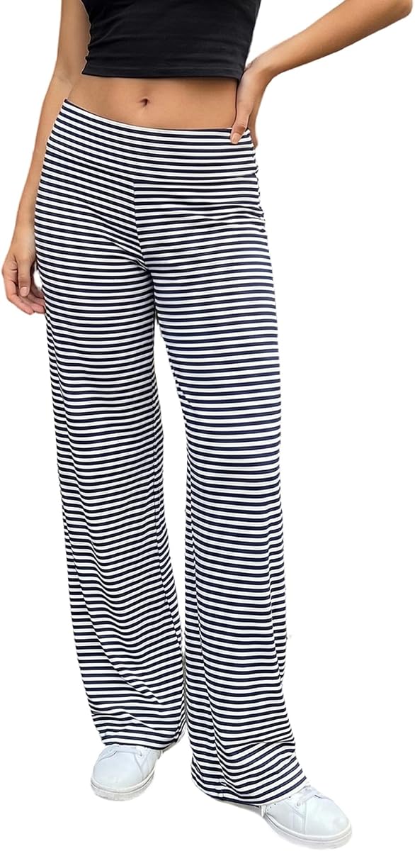 OAKFashion Womens Wide Leg Fold Over Flare Pants Casual Lounge Yoga Leggings Y2K Sweatpants Workout Stretch Bell Bottom
