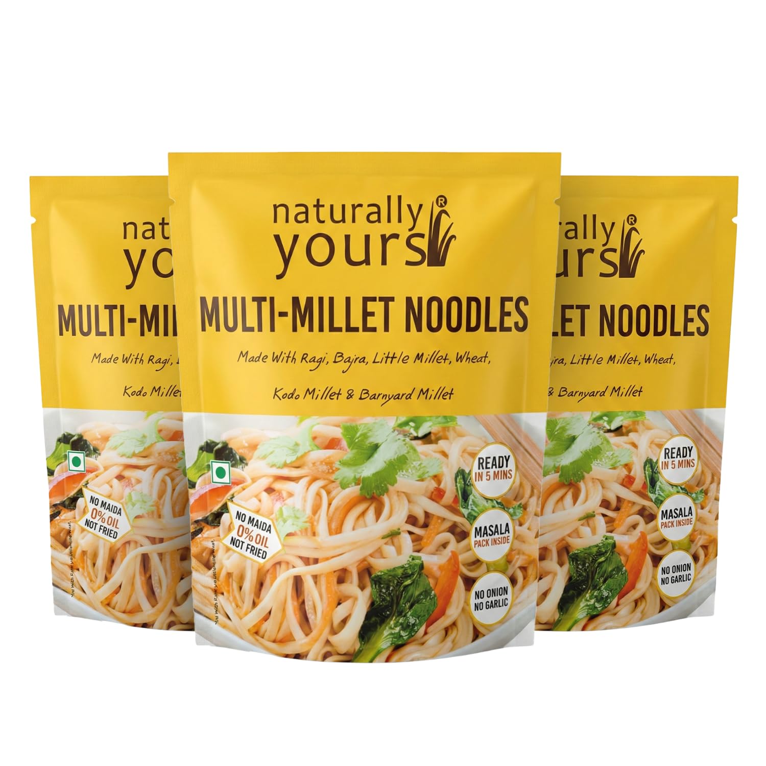 Multi Millet Noodles | 6 Supergrains – Ragi, Bajra, Little, Kodo & Barnyard Millet, Whole Wheat | No Maida, No Onion No Garlic, 100% Jain Friendly, Non-Fried, Vegan, Preservative Free | Tastemaker Inside | 180g Pack of 3