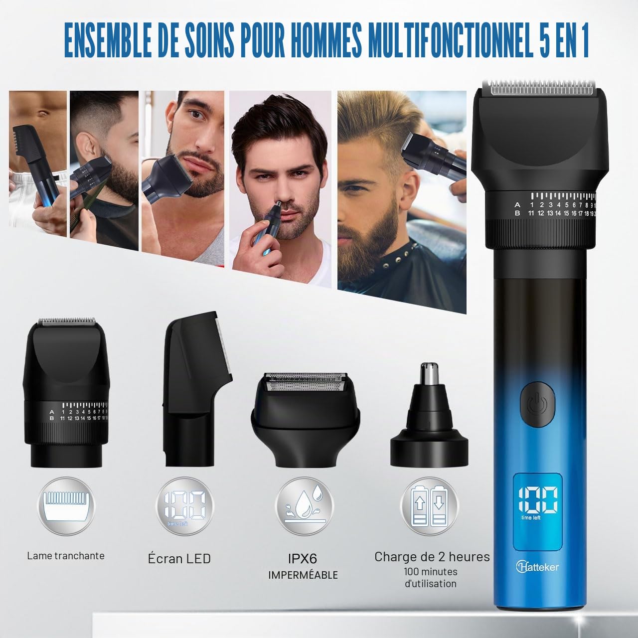 Hatteker Tondeuse Cheveux Professionnel Tondeuse Barbe Homme Rasoir électrique Sans fil Tondeuse à nez et à Corps de Précision Imperméable 5 en 1