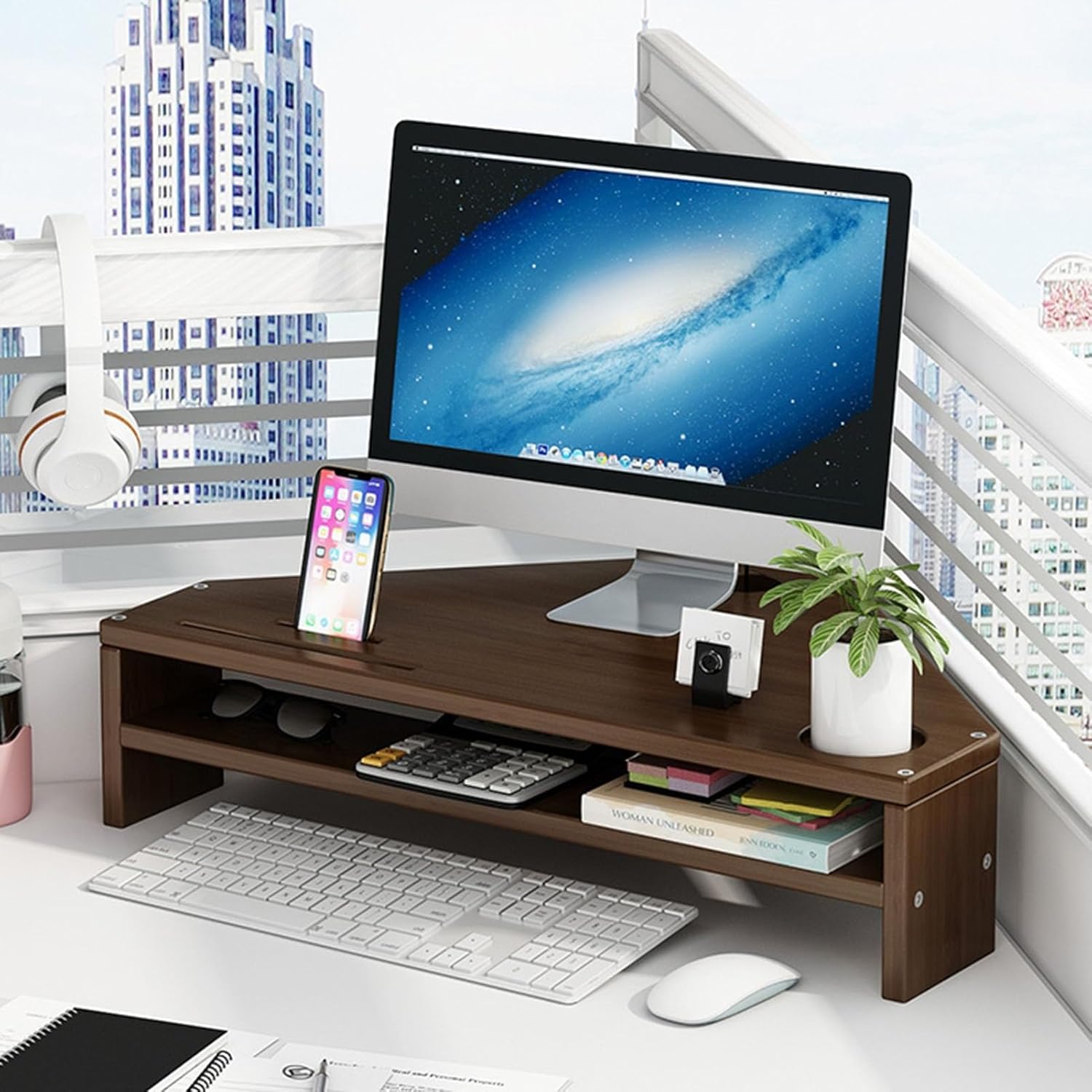 Supporto per Monitor Angolare in bambù, Alzata Ergonomica per Schermo Triangolare da Scrivania con 2 Livelli di Archiviazione, Ripiano Organizer da Tavolo Ad Alta capacità di Cari, Walnut