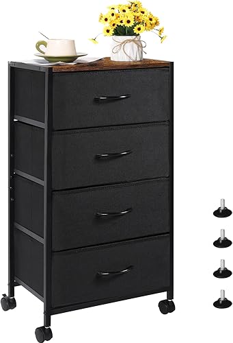LIANTRAL Mesita de noche con cajones, 4 cajones de almacenamiento de tela con ruedas, cómoda de fácil montaje para dormitorio, dormitorio, pasillo,