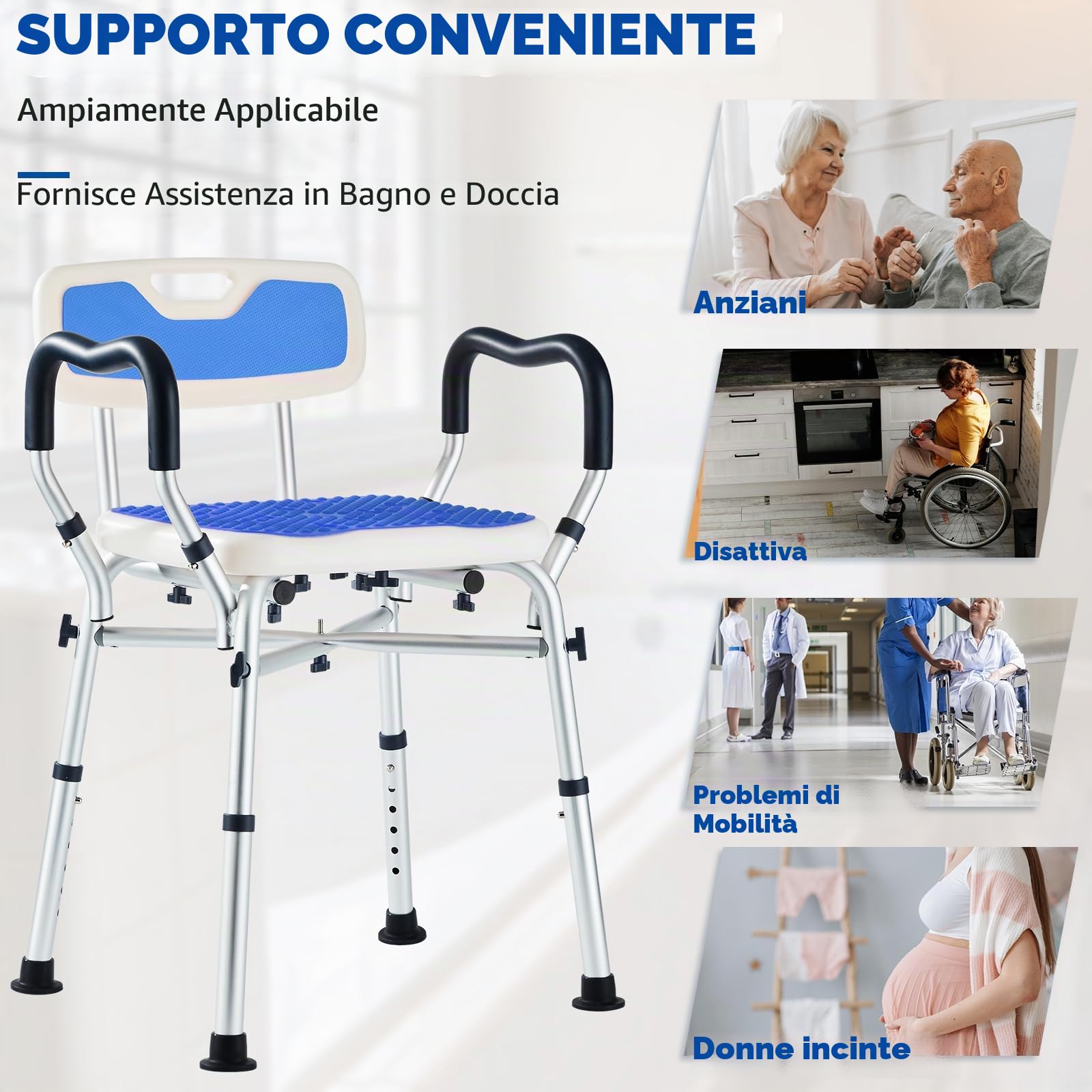 Sedia da Doccia Larga e Resistente con Braccioli e Schienale Rimovibili, Sedile da Doccia Antiscivolo da Bagno con Regolazione in Altezza a 6 Livelli per Adulti, Anziani Blu
