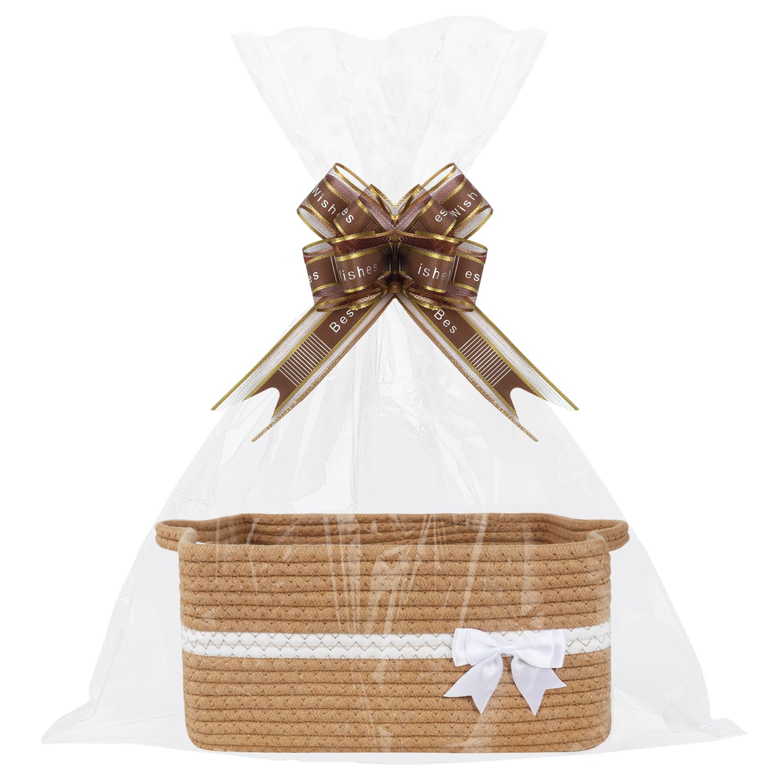 Lotvic Gift Basket, Hamper Kit, Rectangular Empty Hamper Basket with Cellophane Bags and Pull Bows, Rope Gift Baskets with Handles, Woven Gift Baskets for Baby Shower, Wedding, Birthday (Khaki)