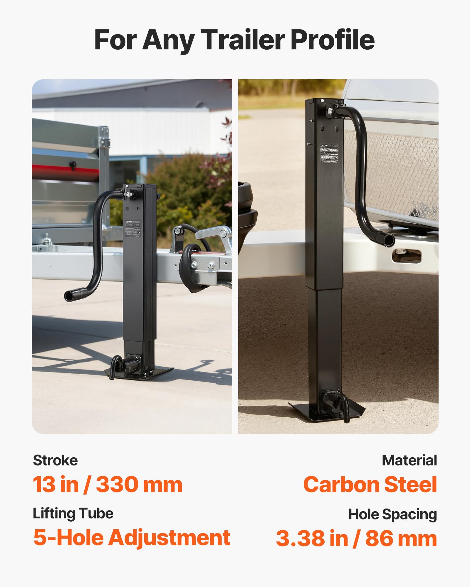VEVOR Gato para Remolque Cuadrado para Soldar, Capacidad de Carga de 5443 kg, Carrera de 330 mm, con Manivela, Pie Ajustable, Eleva hasta 67,4 cm, para Remolques de Caravanas, Utilitarios y Yates