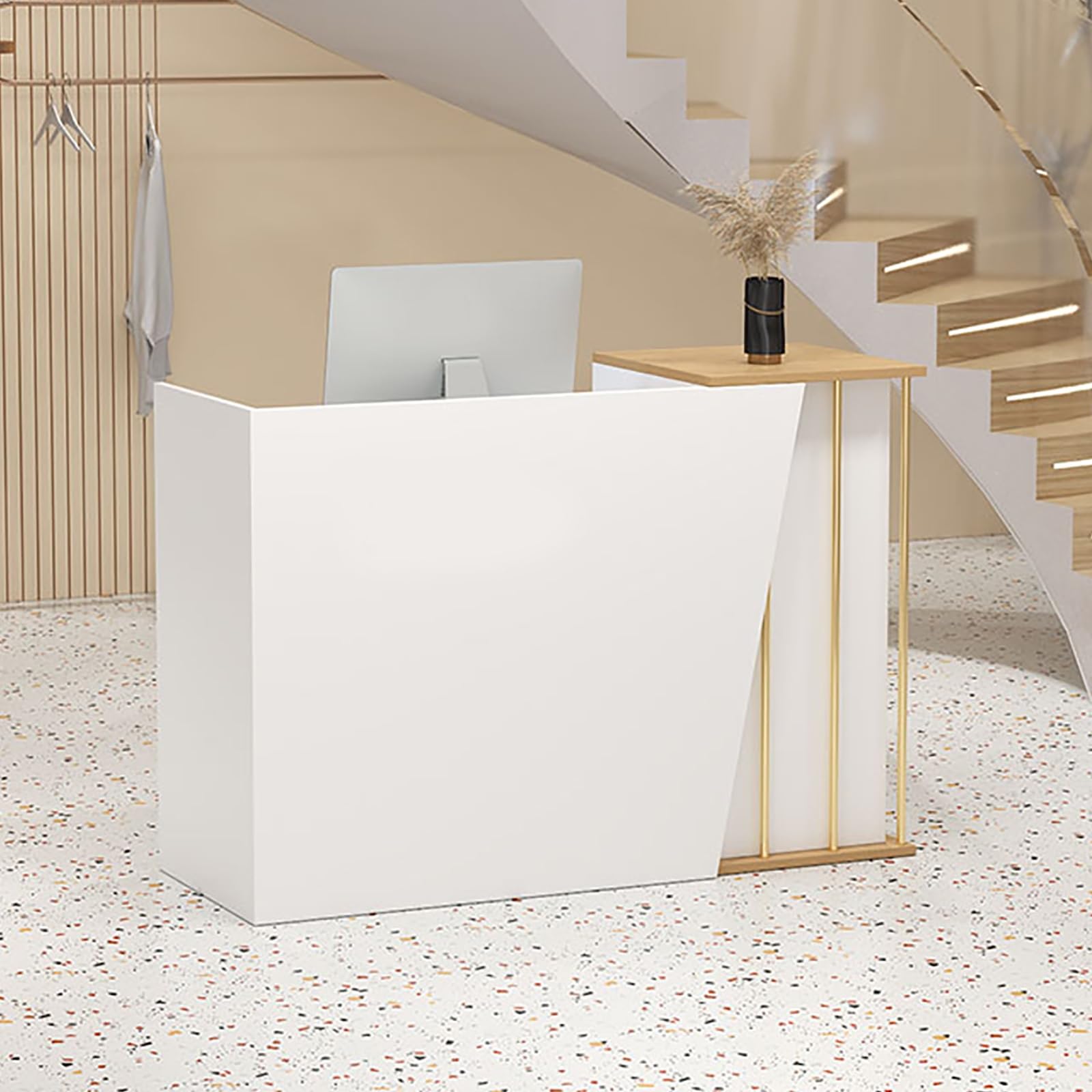 Banco Reception Moderno con cassetti chiudibili a Chiave, Area di stoccaggio Aperta, Ideale per Negozi e cliniche, Giallo 80x100x95 cm