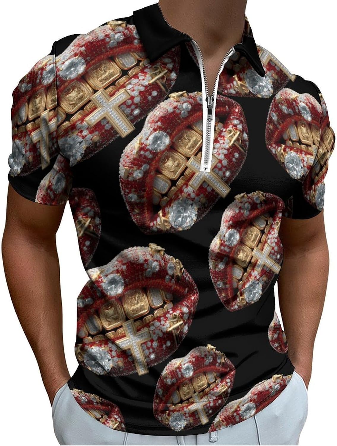 Lip Prints Men's Polo Shirts Golf Short Sleeve Tops | Casual Workout,Golf T-Shirt,Zippered Tee,Collared,Print