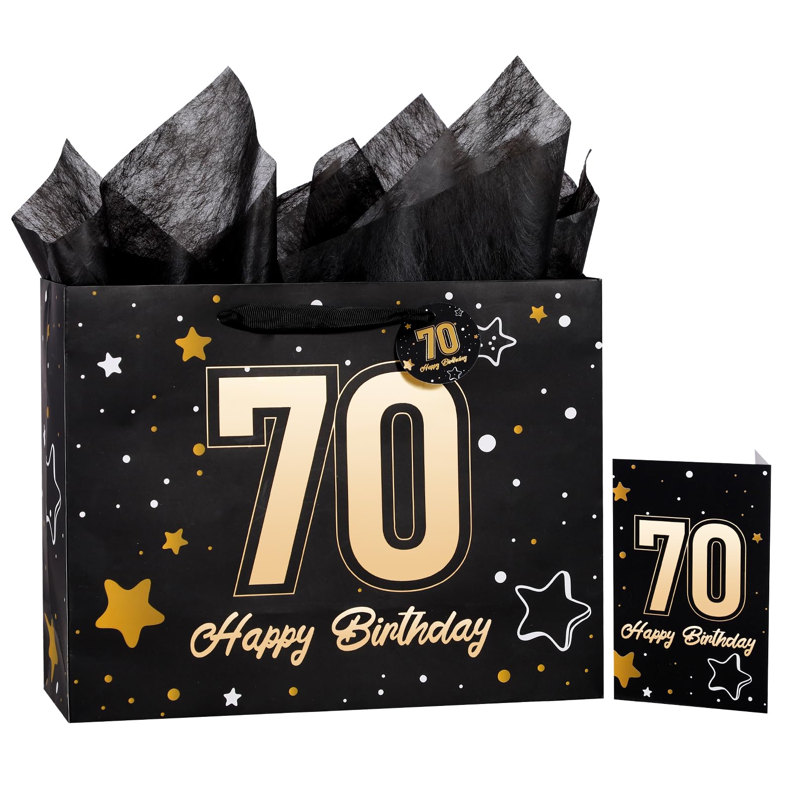 Powbrace 13" Birthday Gift Bag with Tissue Paper & Card(Black 70th) Black 70th 1 Pack