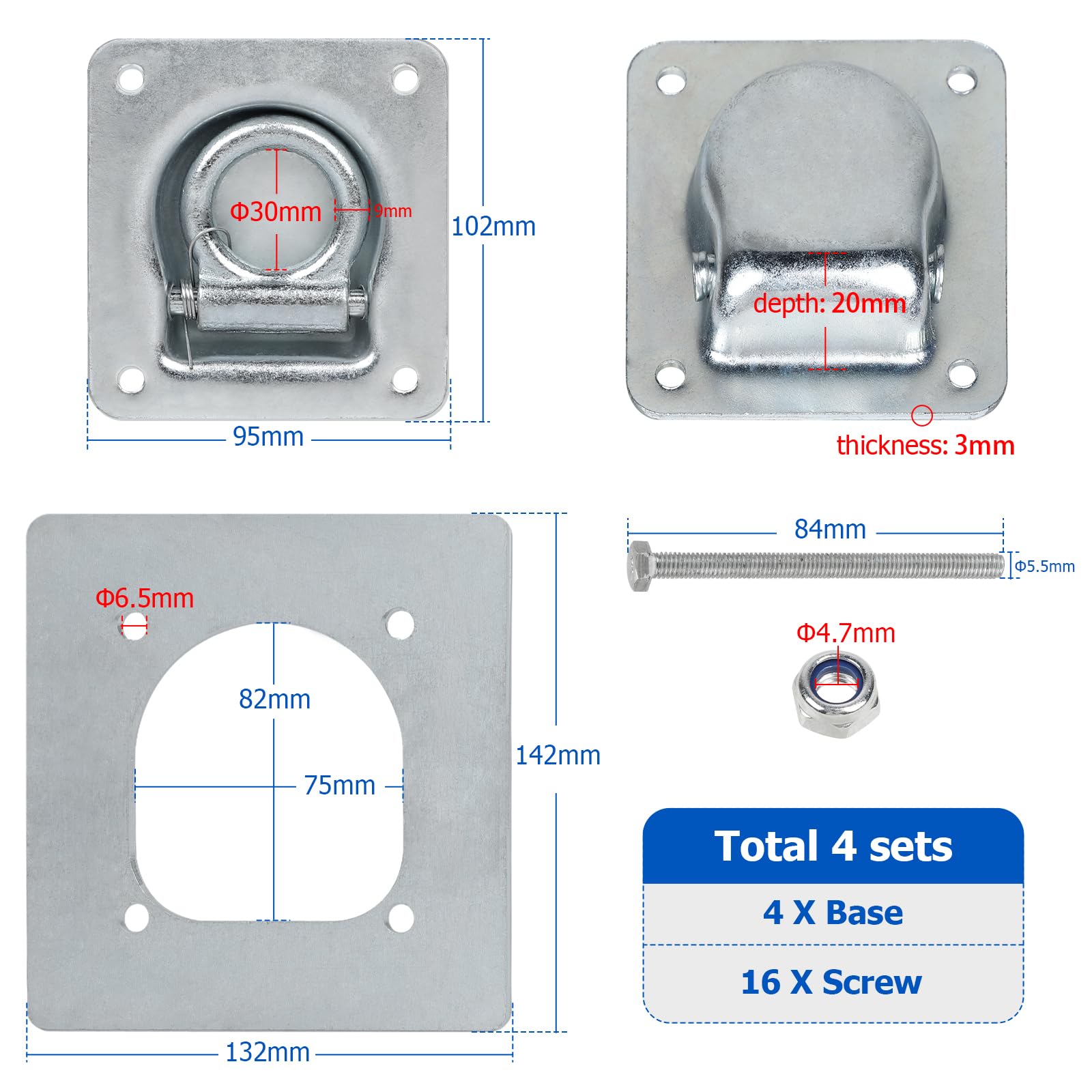 EXLECO 4Pcs Occhielli di Fissaggio per Rimorchi Anelli di Fissaggio con Contropiastre e Viti Ancoraggi per Rimorchio 800 Dan Occhielli in Acciaio Zincato Ganci di Fissaggio Accessori per Rimorchi