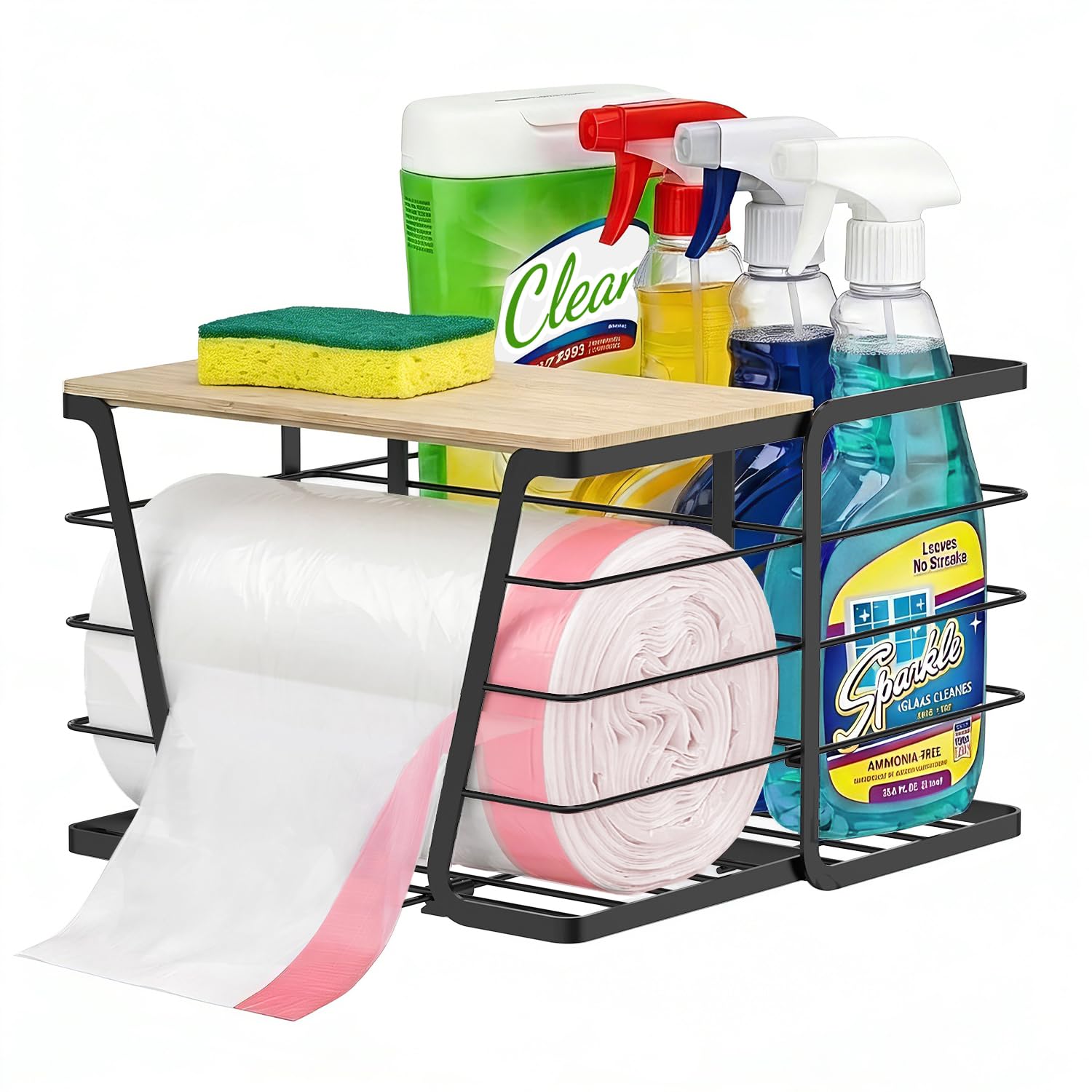Photo 1 of 2 in 1 Trash Bag Dispenser Under Sink, Large Garbage Bag Roll Holder with Bamboo Lid, Fits 13/30/33 Gal Bags, Open Back Storage for Tall Bottles, for Kitchen Cabinet, Bathroom, Laundry Room(Black)