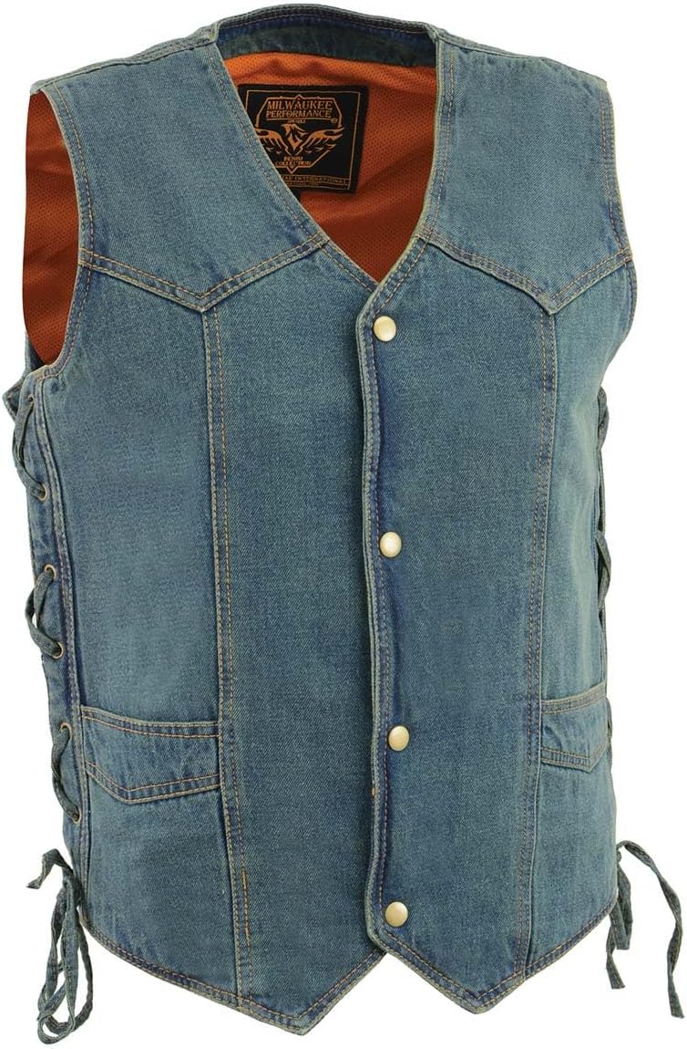 Milwaukee Leather DM1315 Men's Black Classic Denim Western Style Cowboy Biker Vest with Adjustable Side Laces - Medium