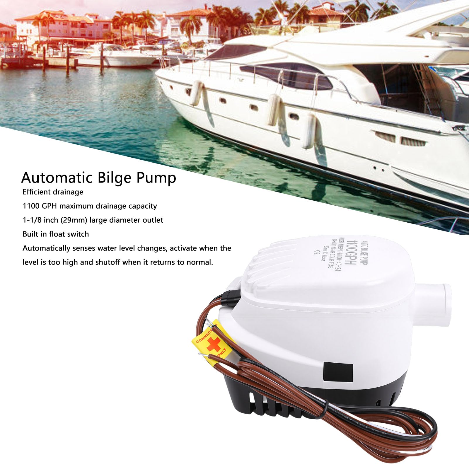 Pompa di Sentina Automatica per Barche, Pompe di Sentina Automatiche per Barche 24V 1100GPH, Pompa di Marina con Interruttore a Galleggiante Incorporato Uscita 1-1/8 Pollice per Varie