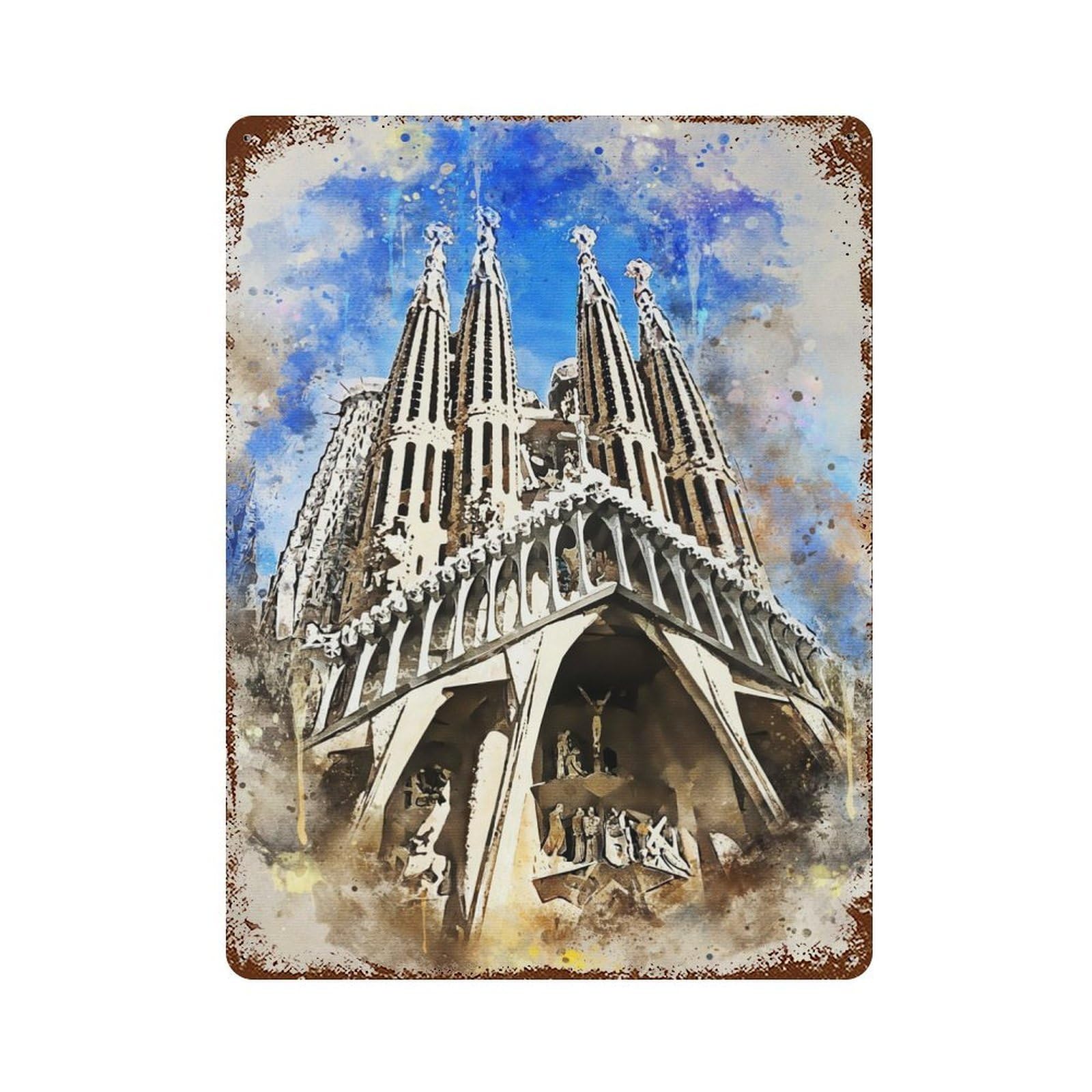 Watercolor Sagrada Familia Rusty Metal Tin Sign 15.7"x11.8", Ideal for Farmhouse, Kitchen And Entryway Decor