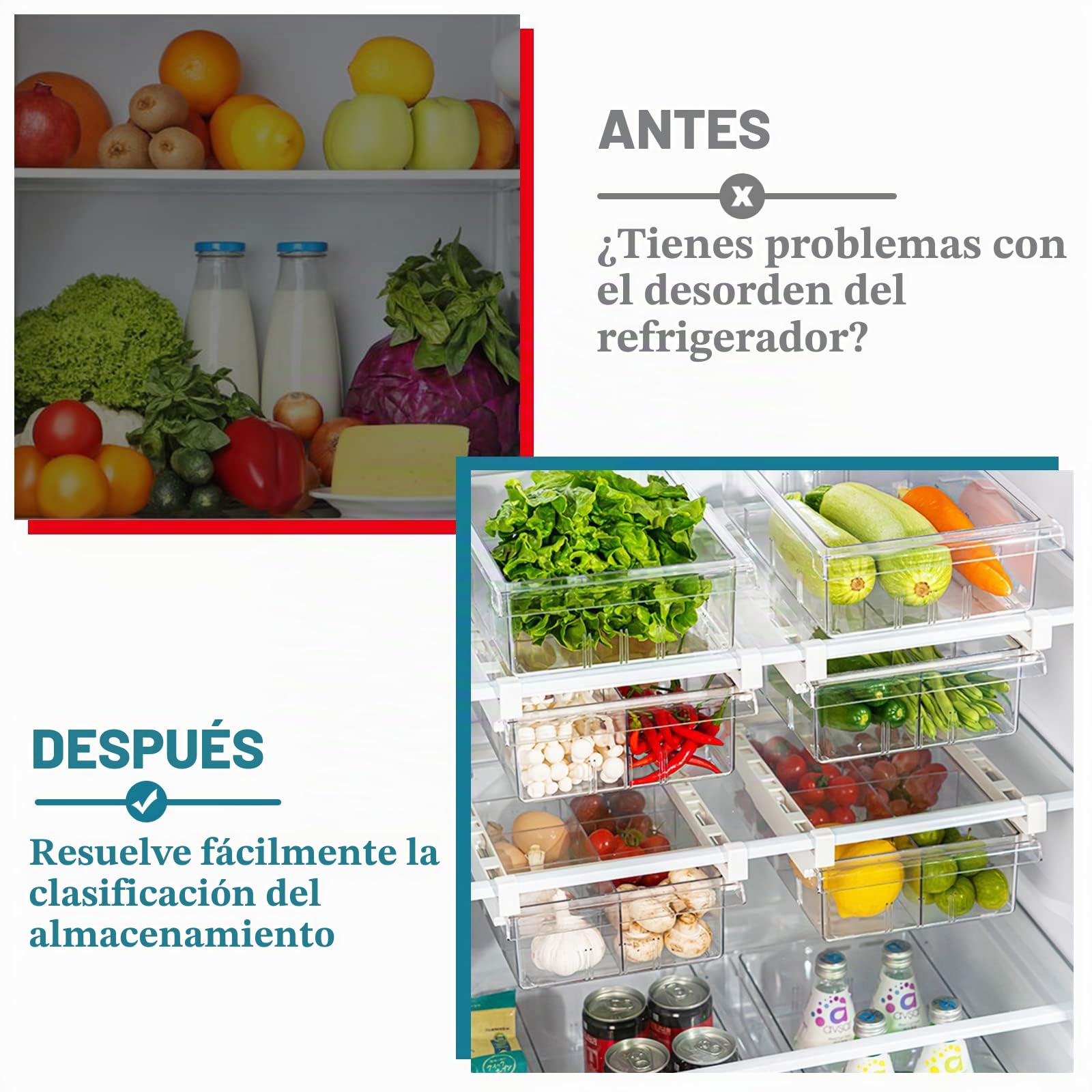 JOYBOY Organizadores de Cajones Frigoríficos, 4 pcs Caja de Almacenamiento para Frigorífico, Cajón Estante Nevera Organizador Retráctil para Cocina Armarios Fruta Vegetal etc
