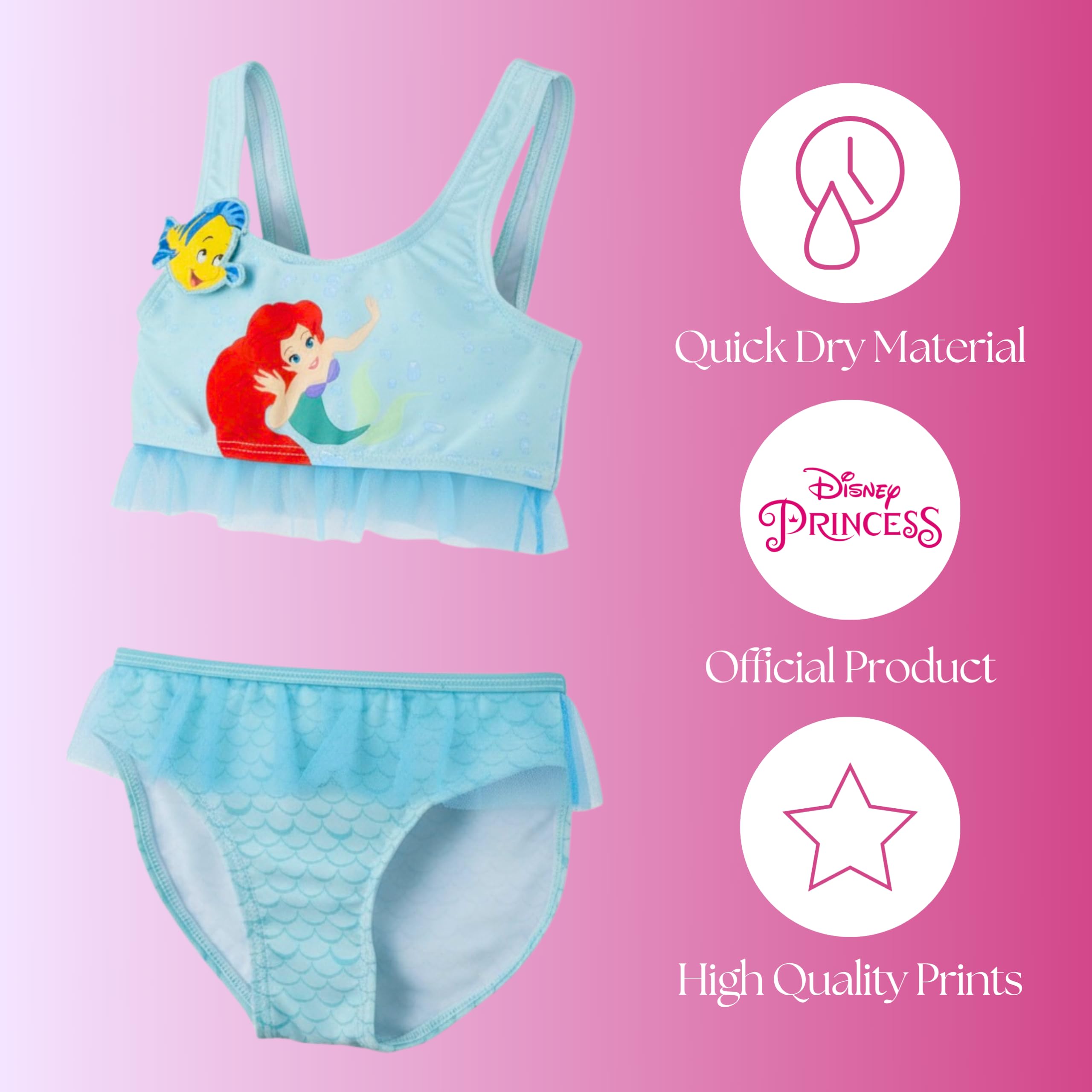 Disney Princesas Bikini para Niña, Diseño Ariel Flounder Purpurina Bañador de Dos Piezas Verano Infantil, Tallas 3 a 8 Años