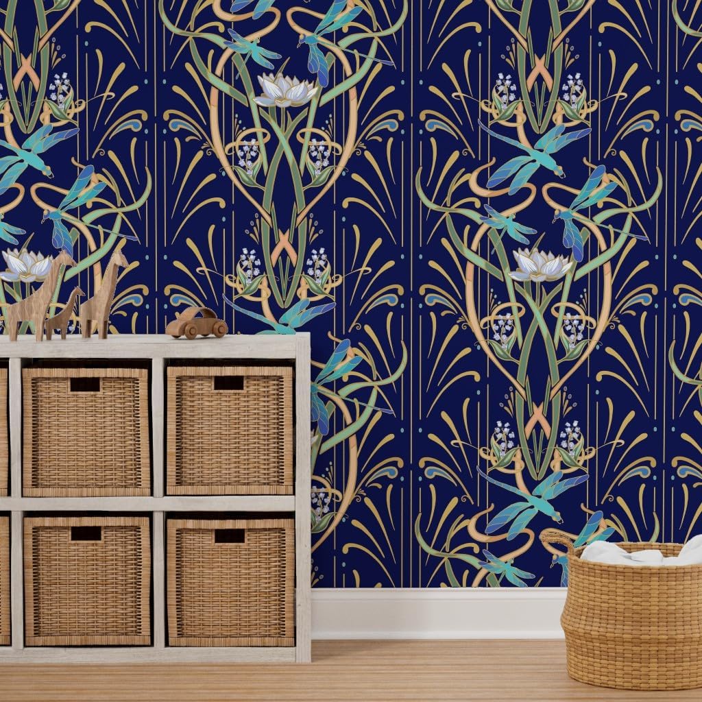 Peel & Stick Wallpaper 3ft x 2ft - Art Nouveau Dragonflies Navy Gold Classy Deco Contemporary Bold Aqua Lotus Water Custom Removable Wallpaper by Spoonflower