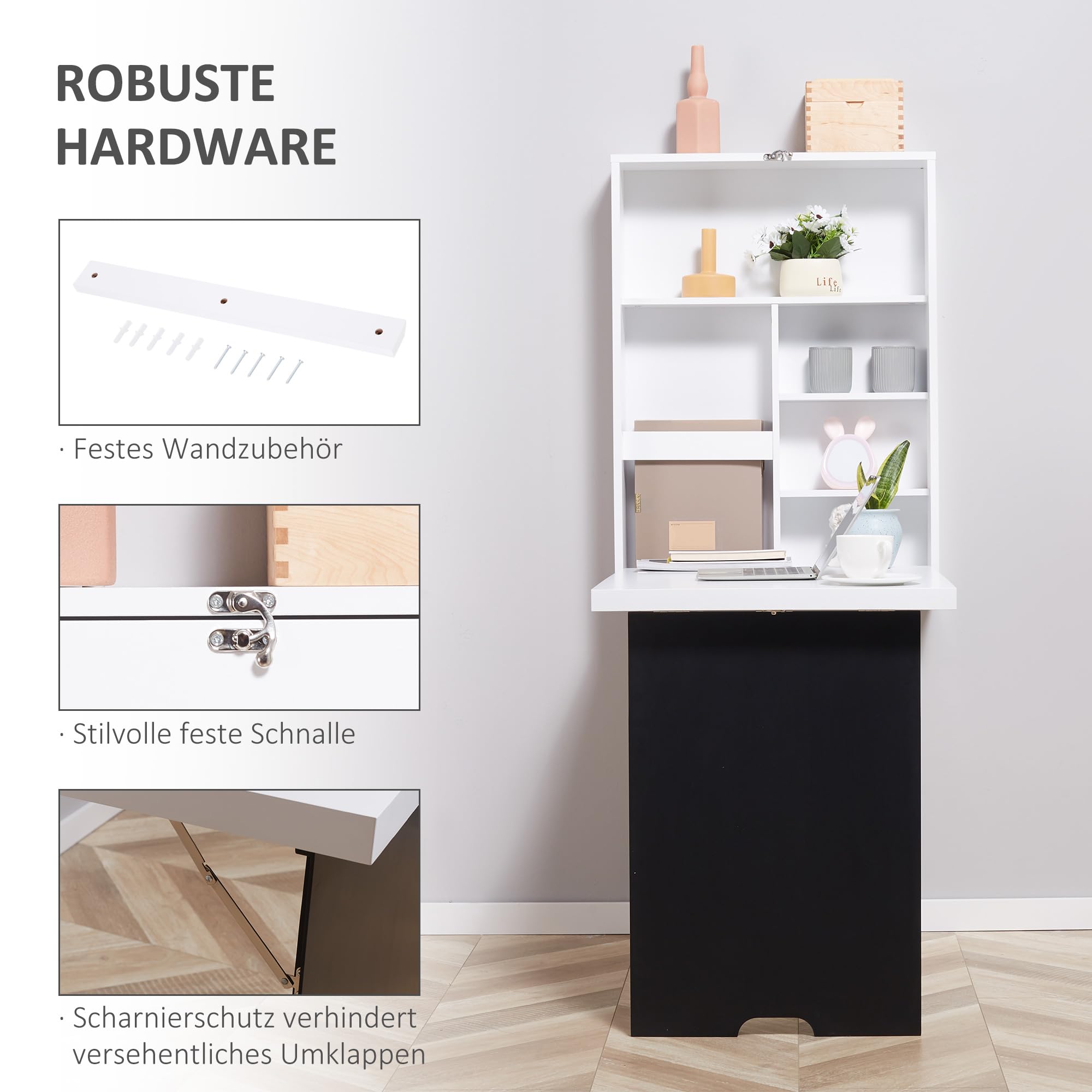 HOMCOM Schreibtisch Wandtisch Wandklapptisch mit Tafel, 5 Fächern, Klappschreibtisch Klappbarer Computertisch für Büro Weiß+Schwarz 60 x 94,5 x 147 cm
