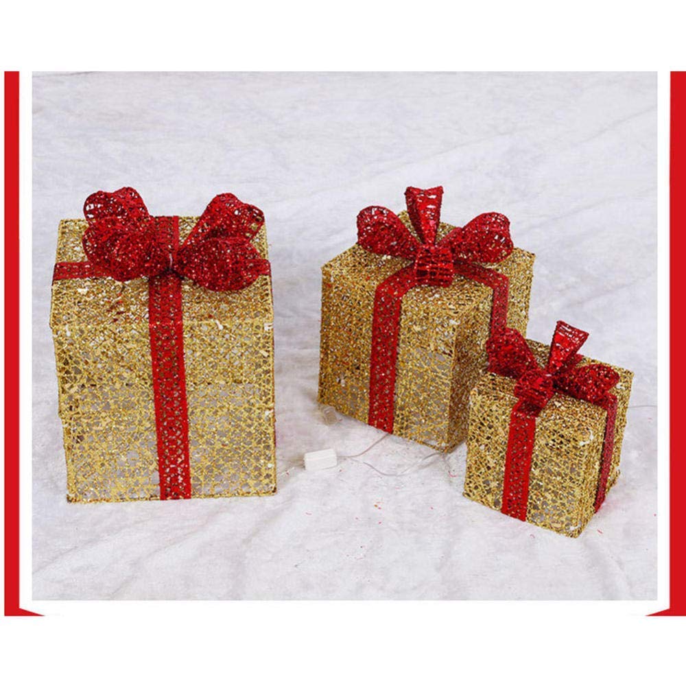 Cajas de regalo para Navidad, Juego de 3 cajas de regalo LED con iluminación decorativa navideña, hierro con lazo, juego de paquetes navideños cálidos(Gold)