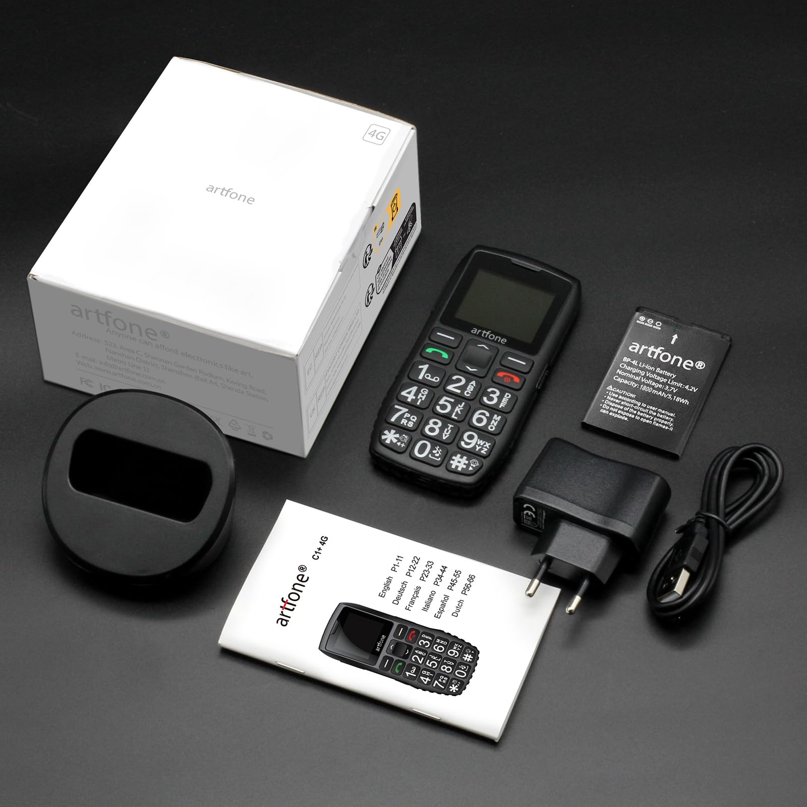 artfone C1+ 4G Telefono Cellulare per anziani | Tasto SOS, base di ricarica, altoparlante, chiamata rapida, Bluetooth, USB-C | Telefono robusto con annuncio dell’ora | Menù italiano | Grandi tasti