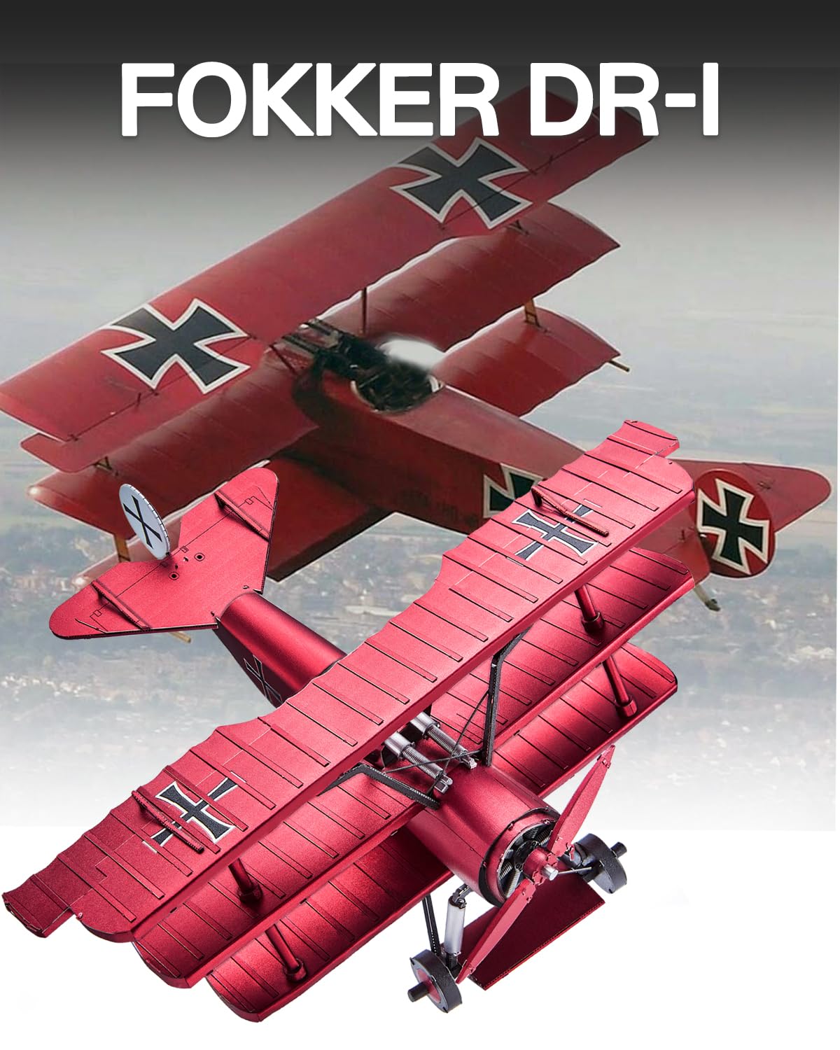 Piececool Puzzle en métal 3D Fokker Dr.I Triplane du Baron Rouge, Kits de Modèle pour Adultes à Construire, Acier Inoxydable 304, Assemblage requis, Pas de Colle Requise, Niveau de difficulté 2