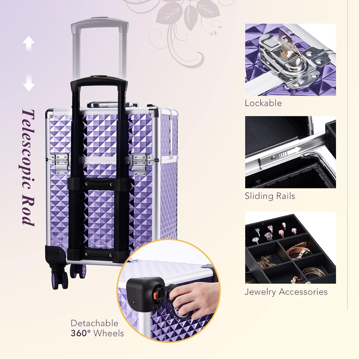 Stagiant Aluminum Rolling Makeup Train Case Large Organizer Cosmetic Trolley 4 Tray Sliding Rail Removable Middle Layer with Key Spinner Wheels Salon Barber Storage Case - Purple Diamond : Beauty & Personal Care