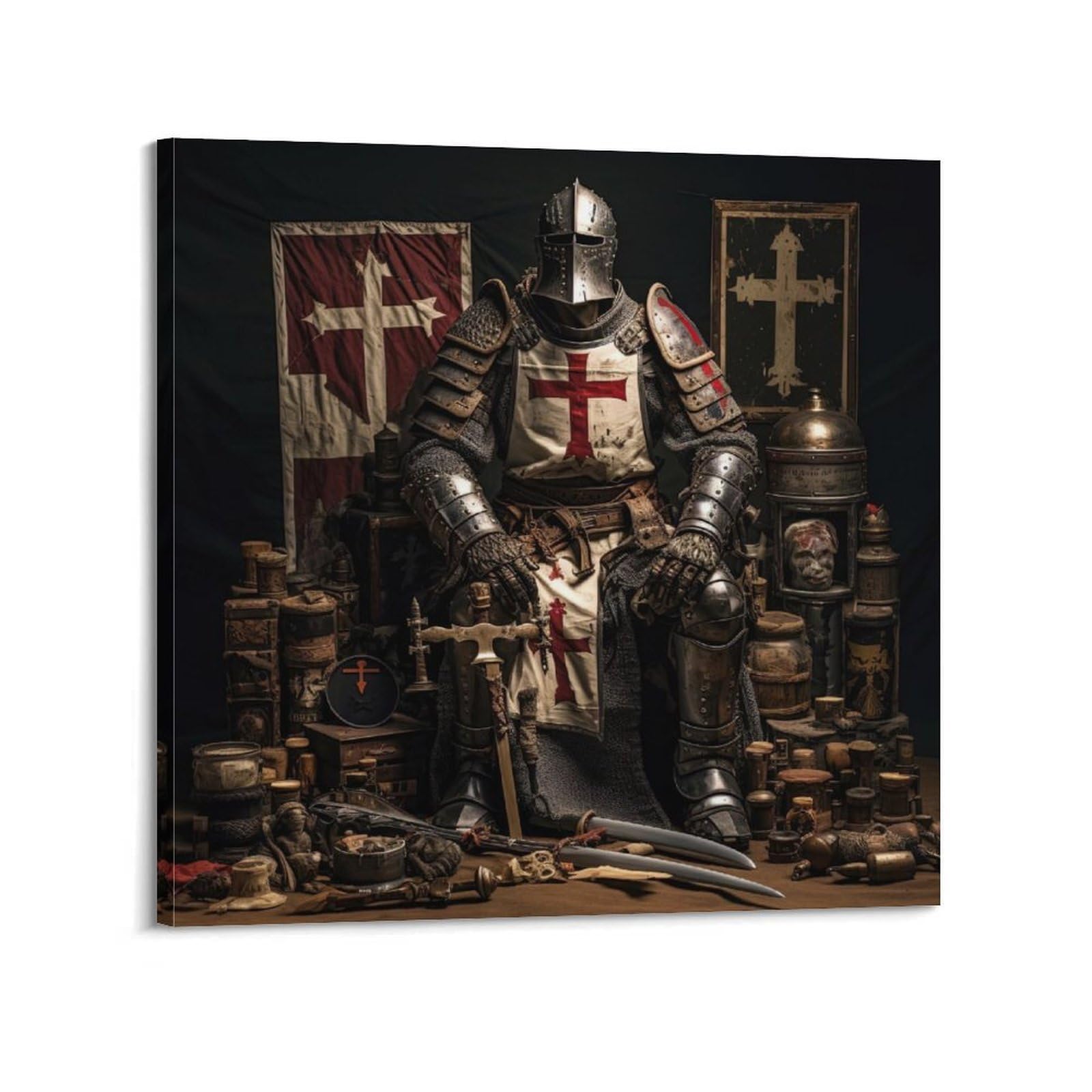 XKUGA Medieval Templar Crusader Gear Armoured Poster Modern Decorative Canvas Prints - Ideal Wall Art for Family, Man Cave, Game Room, Boys & Girls Bedroom 24x24inch(60x60cm)