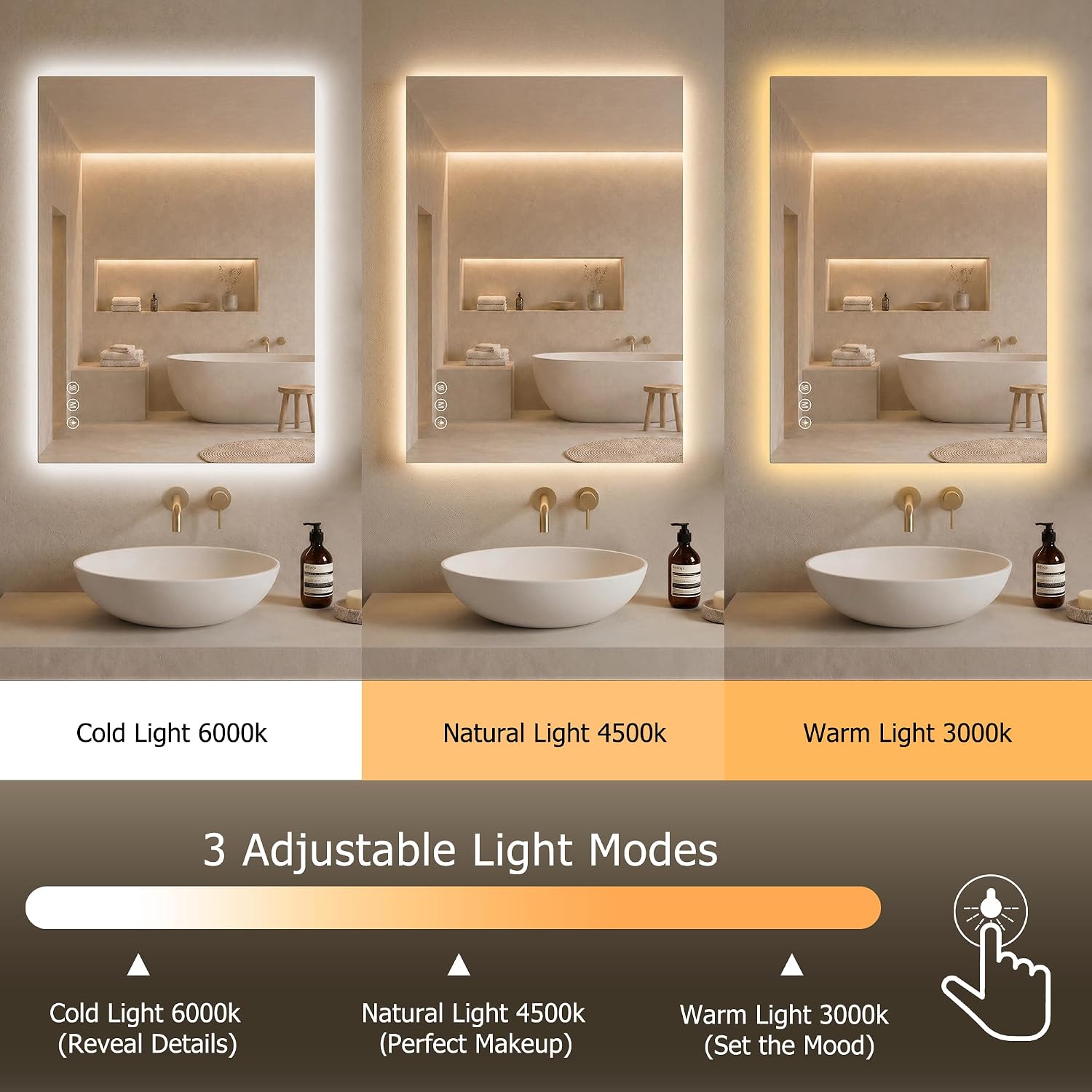 24"X36" LED Bathroom Mirror with Lights,Anti-Fog, Dimmable, Backlit,CRI>90, Lighted Bathroom Vanity Mirror for Wall, Shatter-Proof Tempered Glass, Memory Function, 3 Colors Lighted Mirror for Bathroom