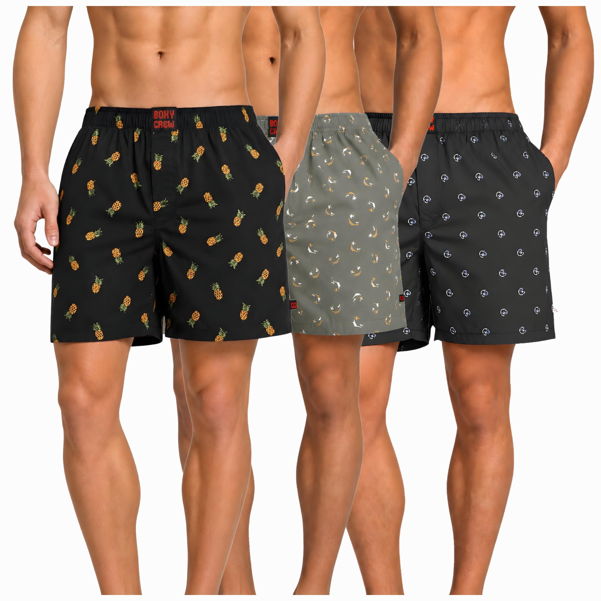 Men's 100% Cotton Boxer Shorts Pack of 3, Charcoal, Green & Navy Blue | Woven Boxers with Side Pockets, No-Marks Elastic Waistband, Breathable Relaxed Fit | Style 004-008-009-image-47