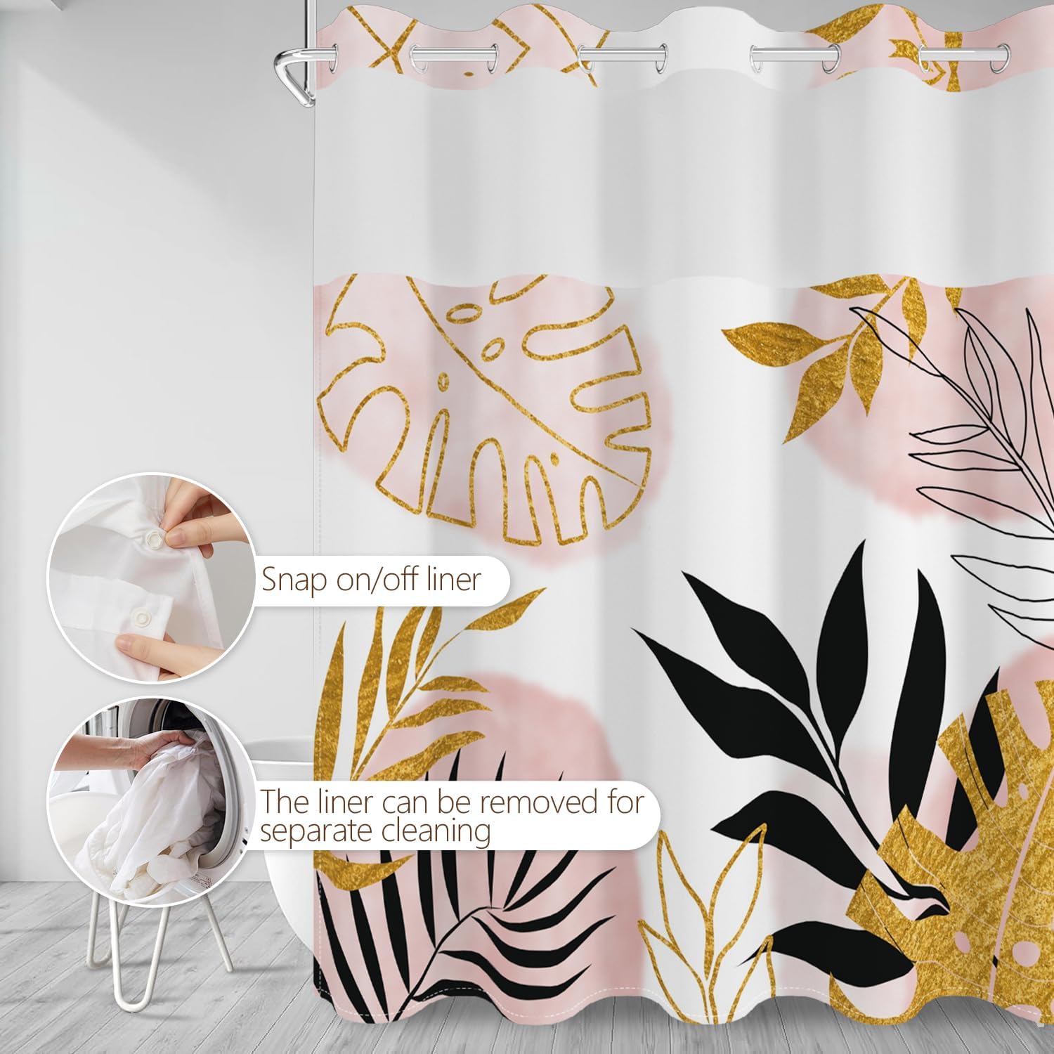 No Hook Shower Curtain with Snap in Fabric Liner Set, Waterproof & Washable, Pink and Gold Tropical Shower Curtains for Bathroom, Palm Leaf Monstera Aesthetic Bathroom Curtain, House Gift, 71x74 inch
