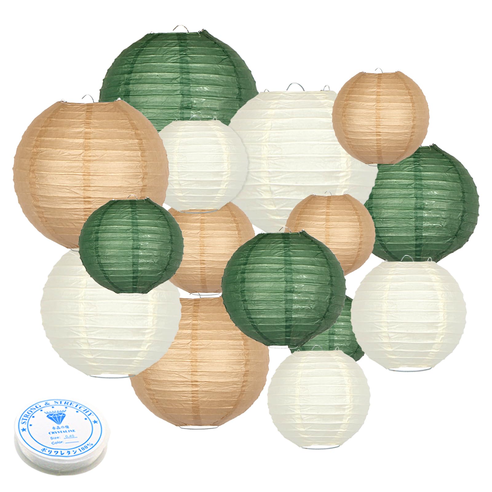 Green Round Chinese Paper Lanterns Decorative 15pcs Hanging Paper Lantern for Rustic Wedding Jungle Wonderland Themed Birthday Party Baby Shower