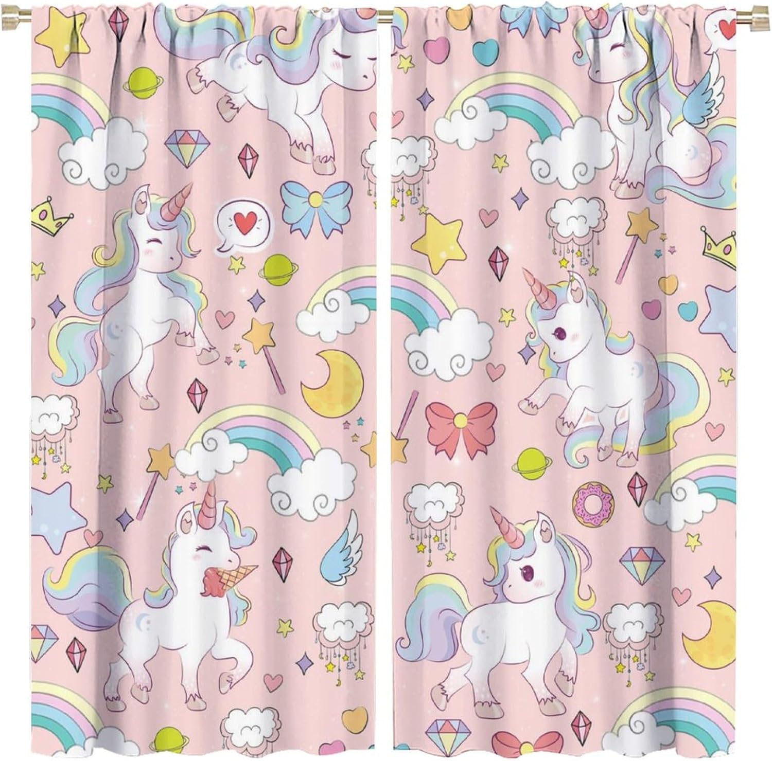Brebasf Cute Cartoon Unicorn Curtains for Living Room Watercolor Kids Nursery Rainbow Colorful Clouds Moon Star Print Thermal Insulated Rod Pocket Blackout Curtains/Drapes 2 Panels 63" L x 31.5" W