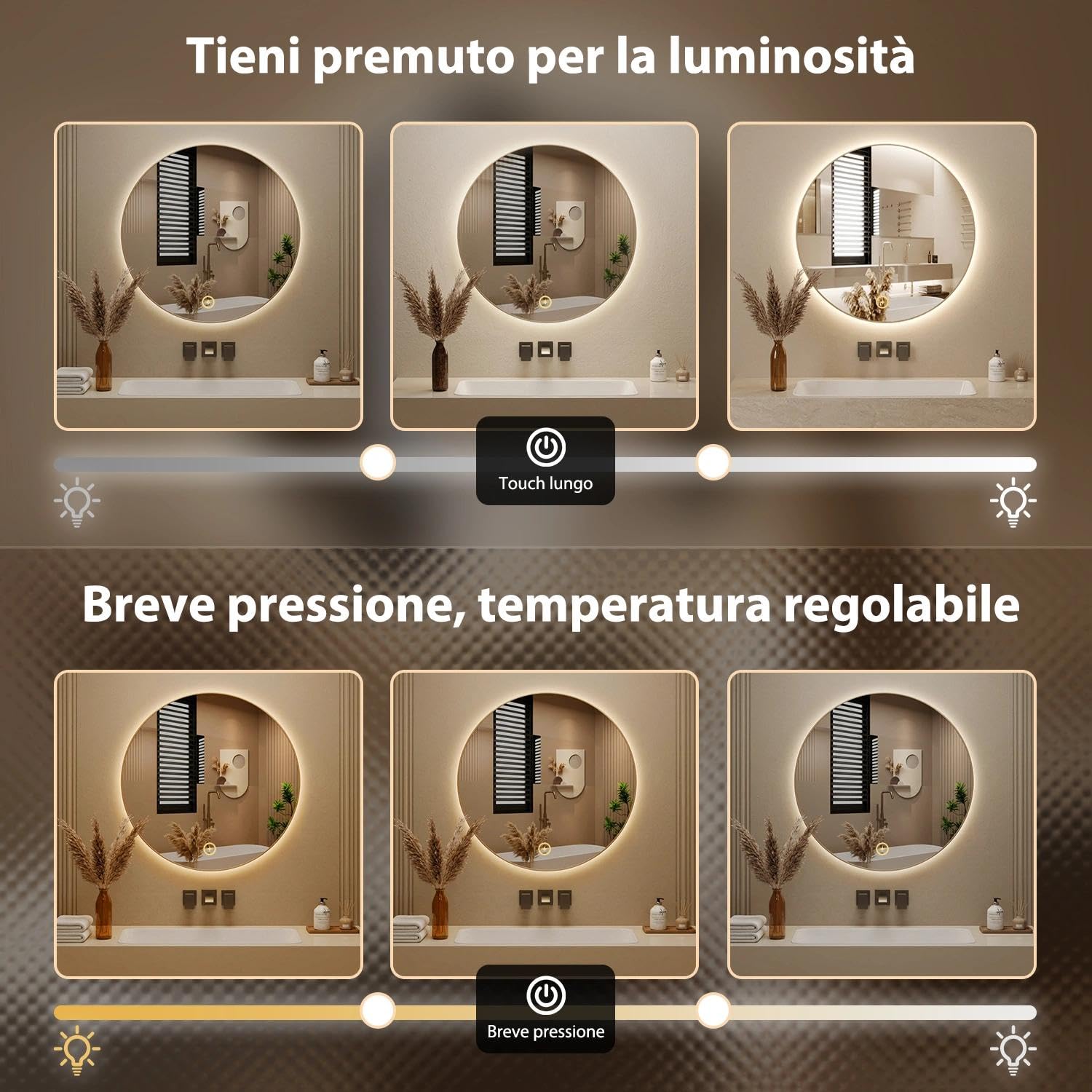 Specchio Rotondo da Parete 60cm LED COB Retroilluminato Bagno Specchio Rotondo Illuminato Controllo Touch Dimmerabile Anti-Appannamento Cornice Alluminio Dorato