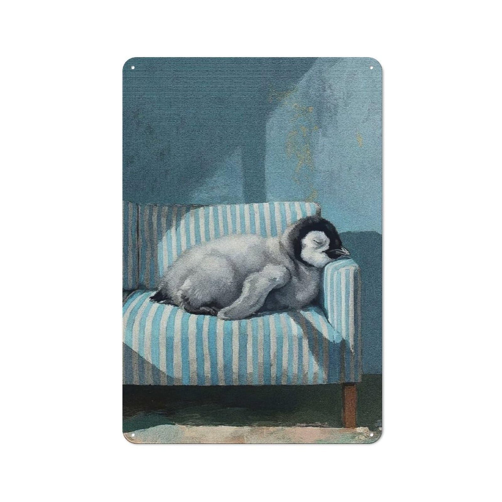 Country Style Sleeping Penguin Chick on Striped Couch Decorative Metal Sign 30x20cm, Bistro Wall Plaque for Restaurant, Kitchen, Counter Or Breakfast Nook