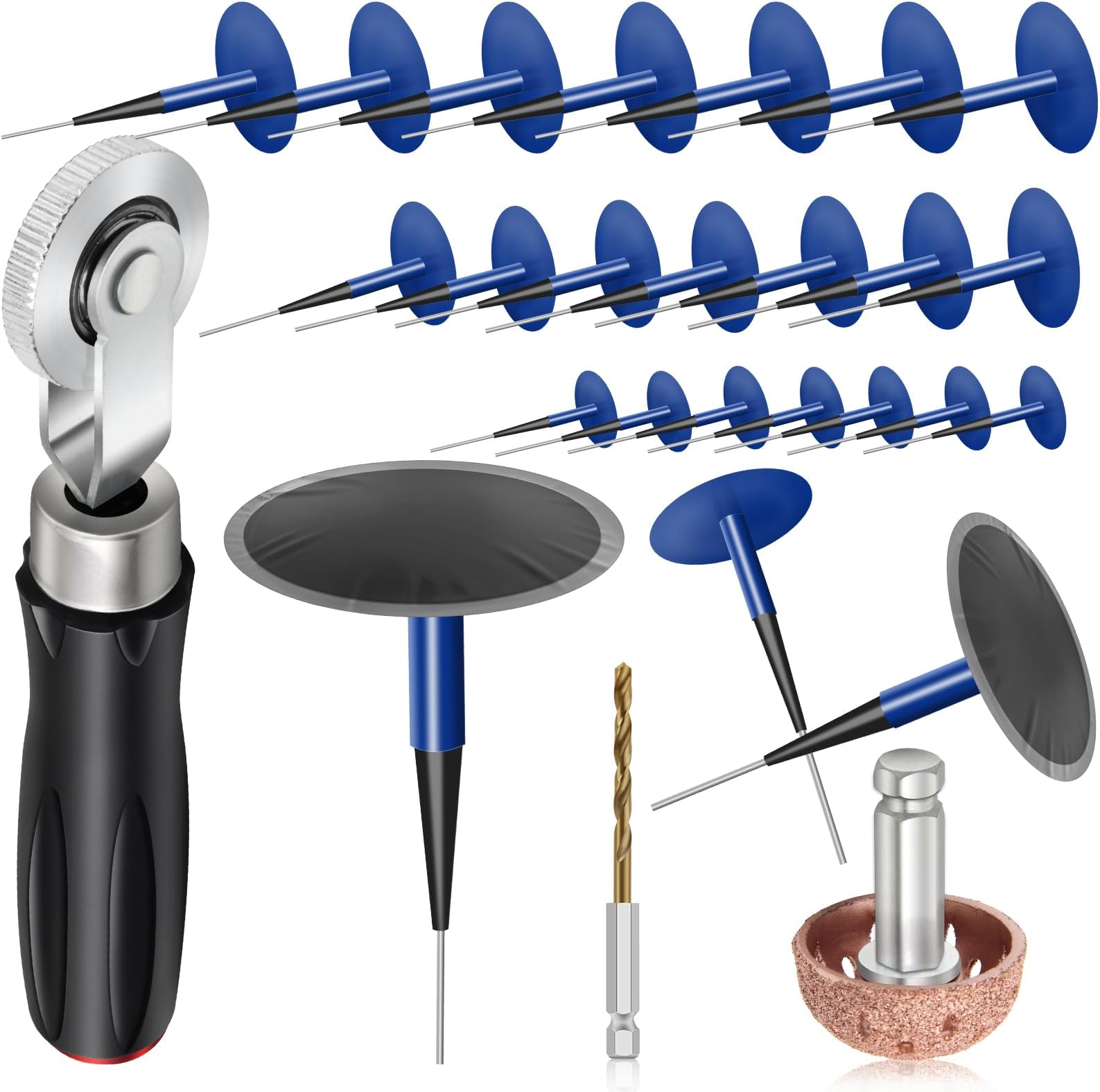 24+3PCS Tire Patch Kit, 24PCS Tire Repair Patch Plug Tool (36/46 / 60 mm)/ Patch Roller Tool/Repair Buffing Wheel/Hex Shank Drill Bit