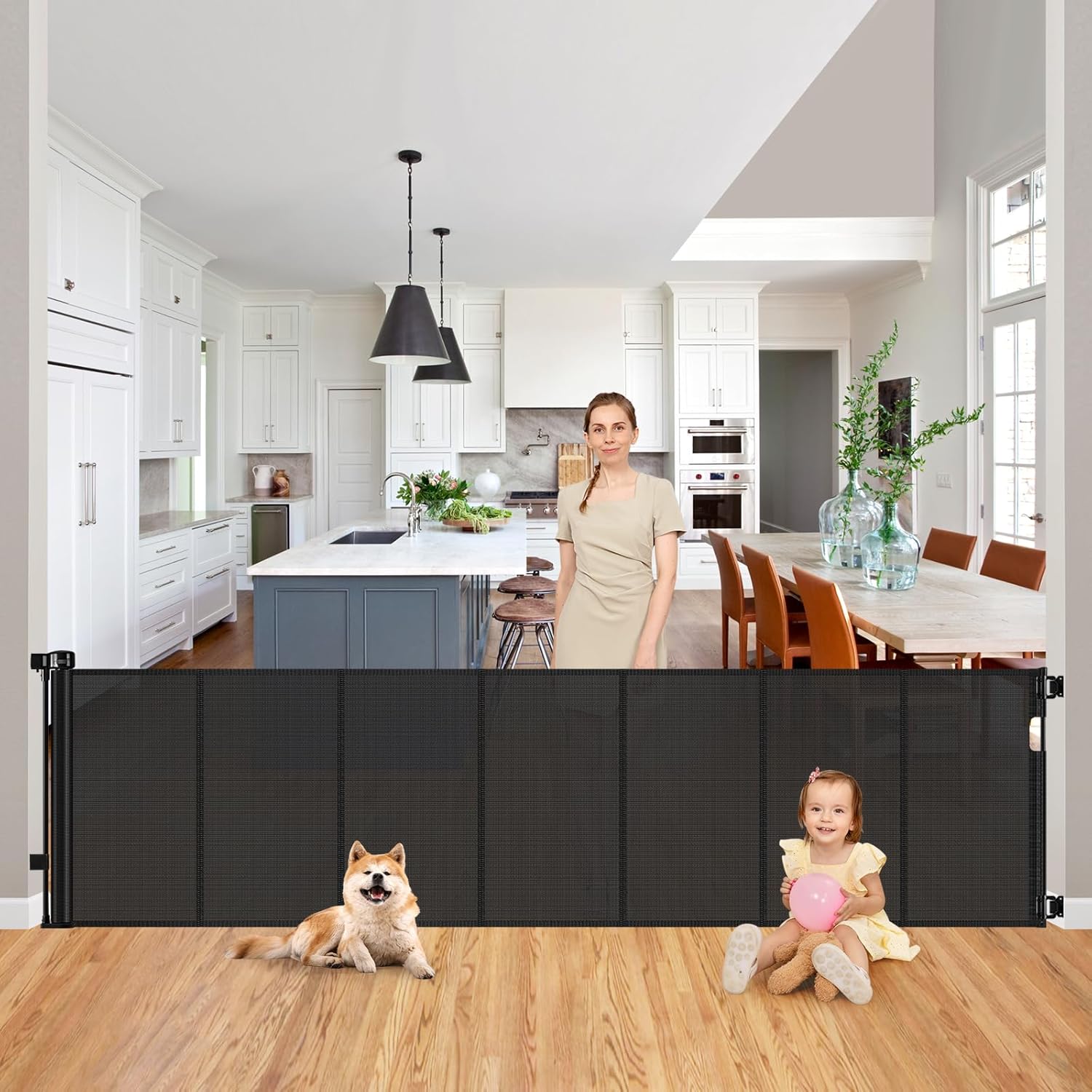 Reinforced 200 Inch Extra Wide Baby Gate Retractable Dog Gate 16.7ft Outdoor pet Gates for Wide Openings 33 Inch Tall No Sag Mesh Retractable Baby Gates for Doorways with Reinforced Strips, Black Black 33" Tall x 200" Wide? With Reinforced Strip?