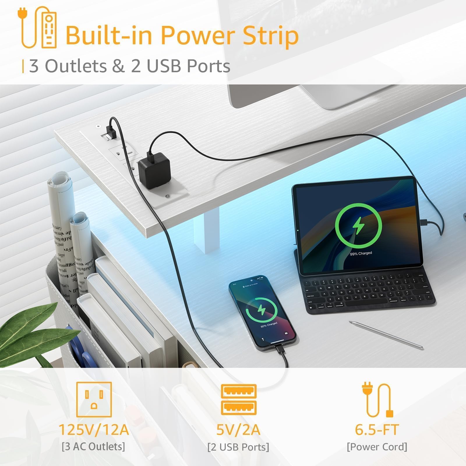 DLisiting Black Gaming Desk with Shelves and Drawers - 39 Inch Small Gaming Desk with Storage Shelves for Boys Teens Bedroom, Black Computer Desks with Drawers, Monitor Stand, Power Outlet: White 47.2"