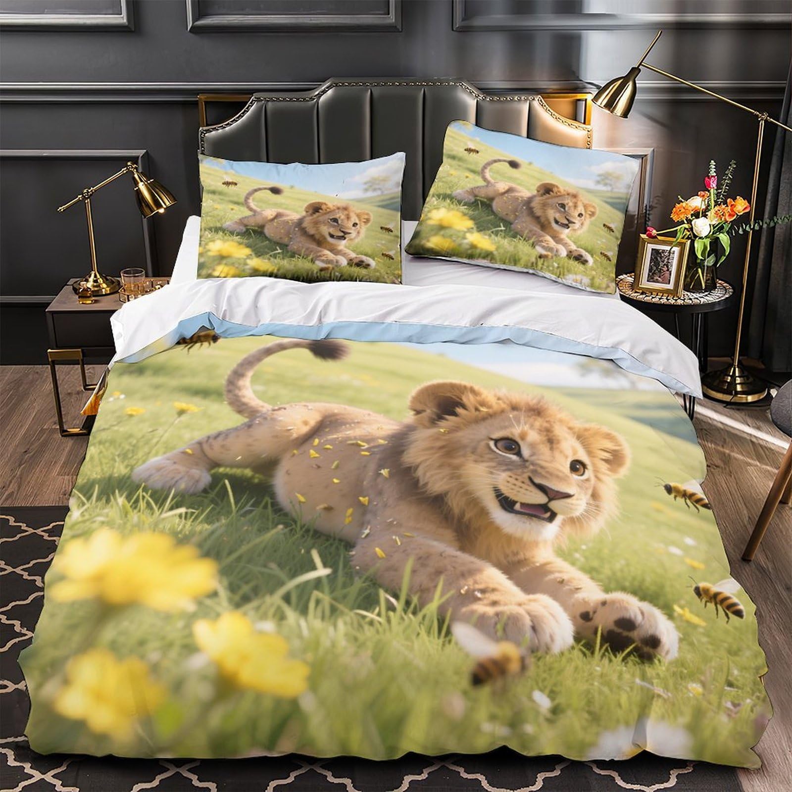 Parure de lit lionceau 3D en microfibre 135x200 cm avec housse de couette