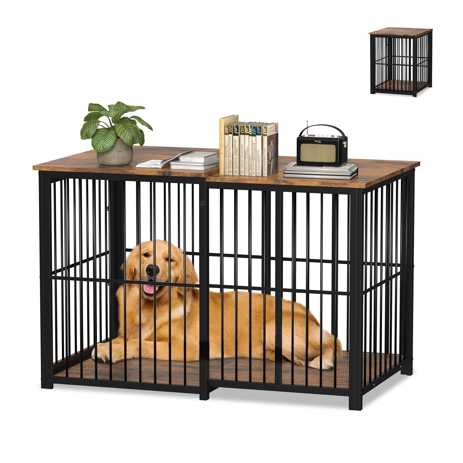Large Dog Crate Furniture for Large Dogs, Retractable Dog Kennel Furniture, Wooden Dog Kennel Indoor, Heavy-Duty Dog Cage Furniture with 3 Levels of