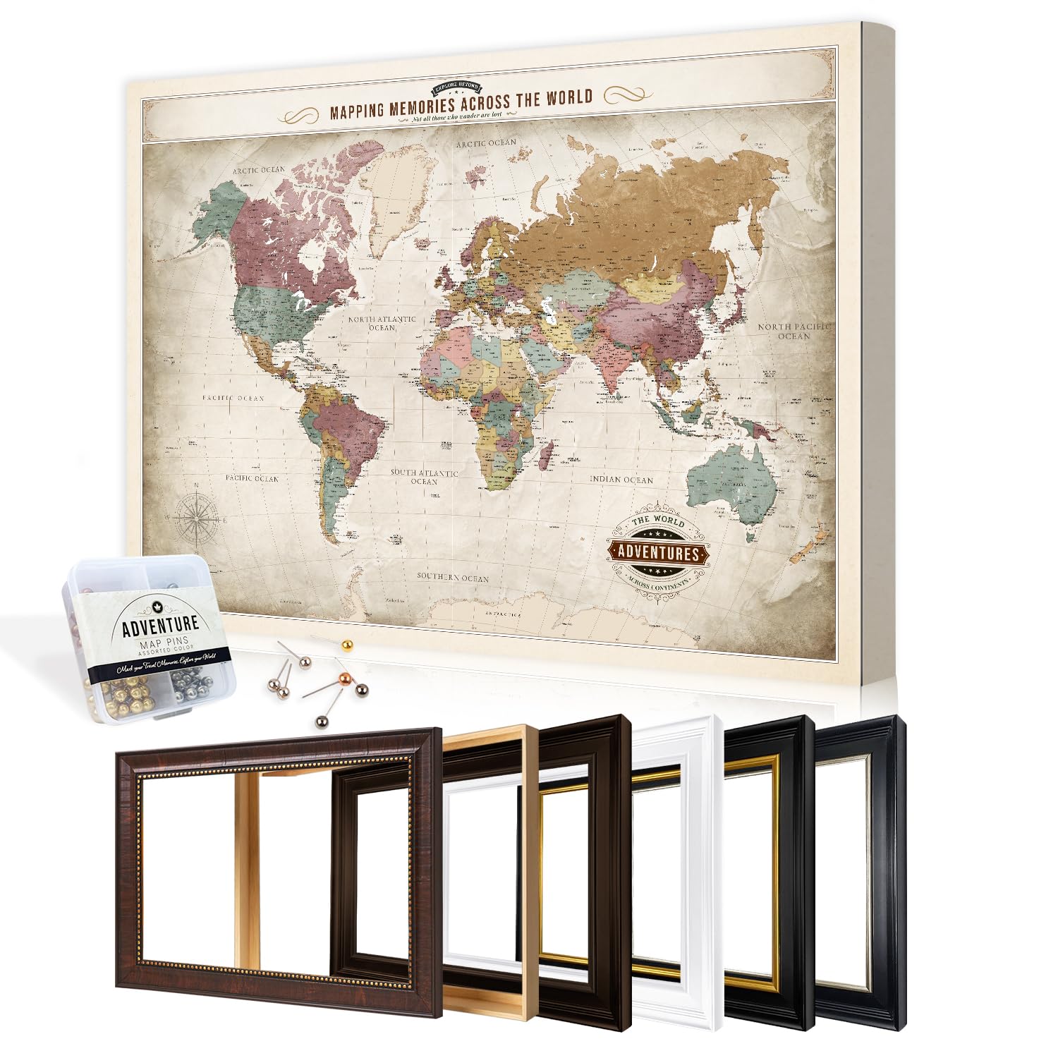 DECORARTS Personalized World Travel Map with Pins,Soft Pastel Canvas 40x30
